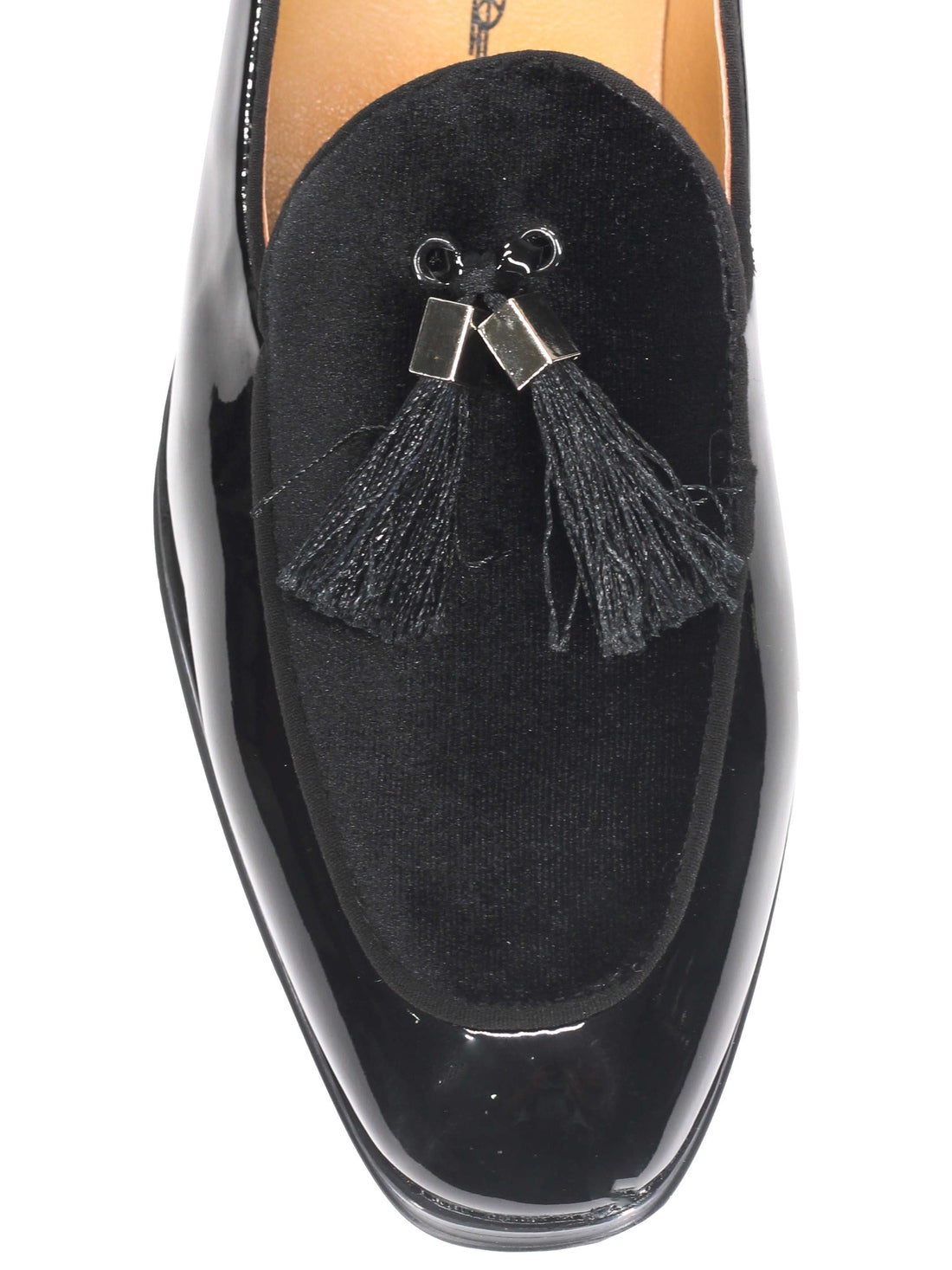 BLACK SHINY FAUX LEATHER TASSEL LOAFERS