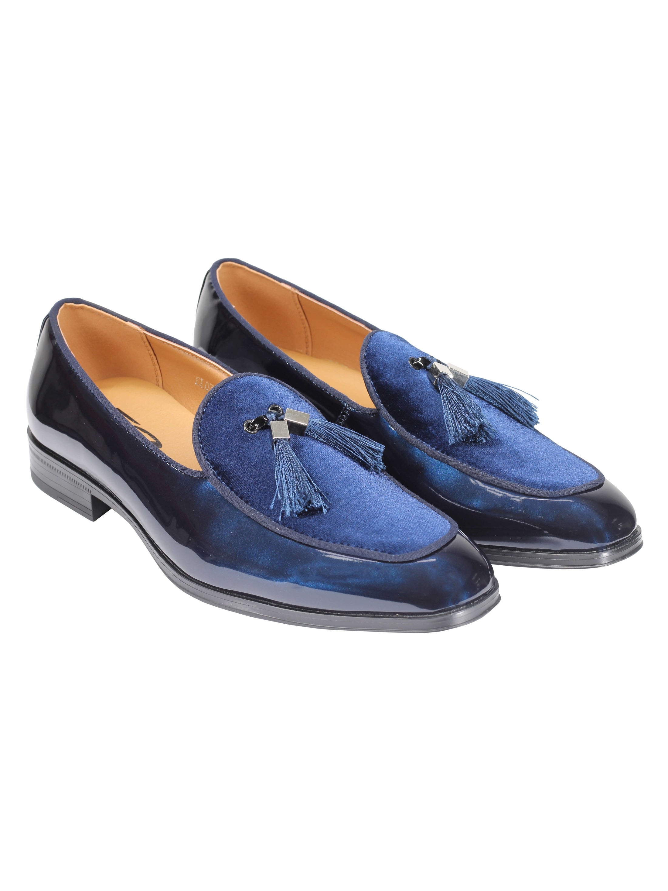 NAVY SHINY FAUX LEATHER TASSEL LOAFERS