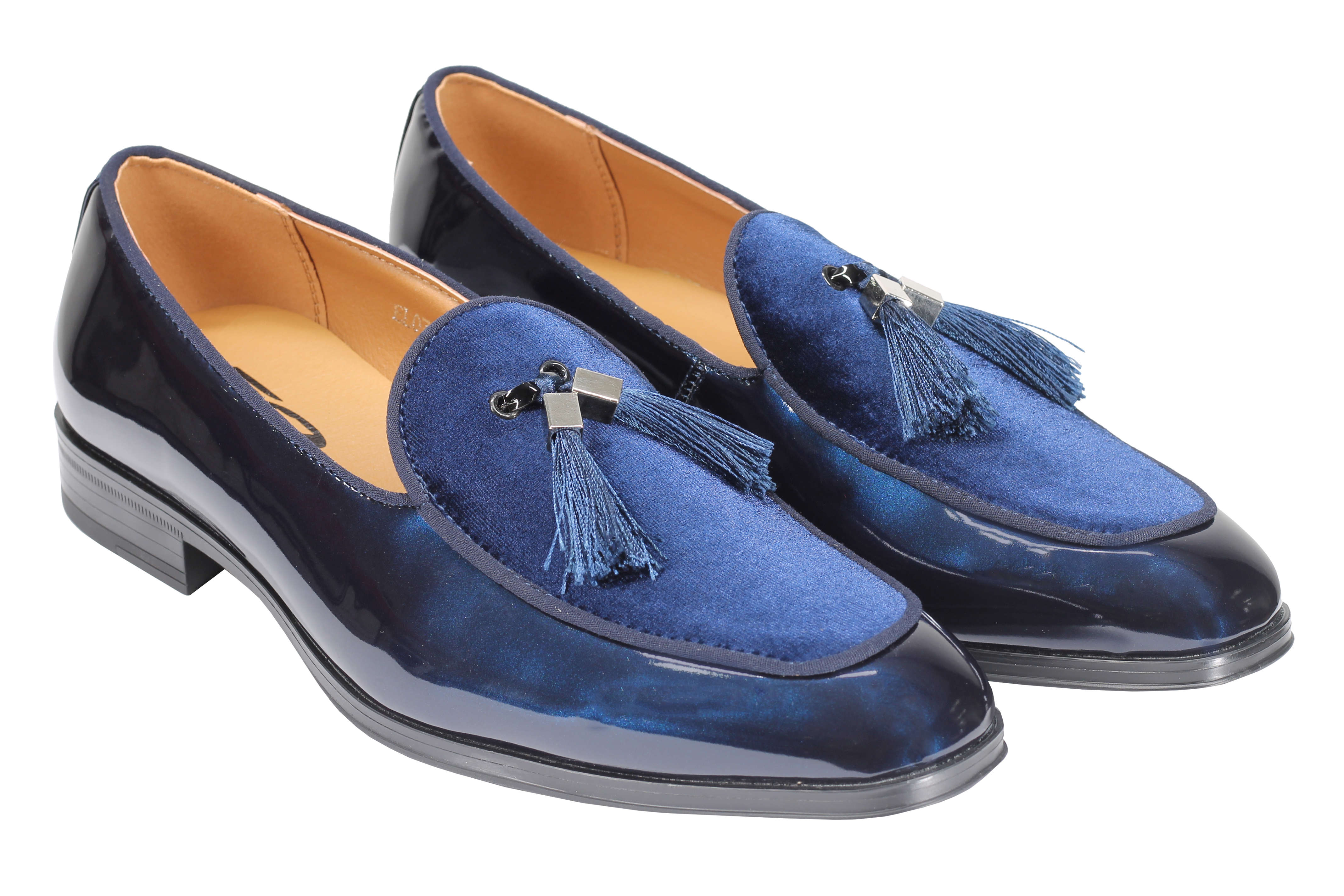 NAVY SHINY FAUX LEATHER TASSEL LOAFERS