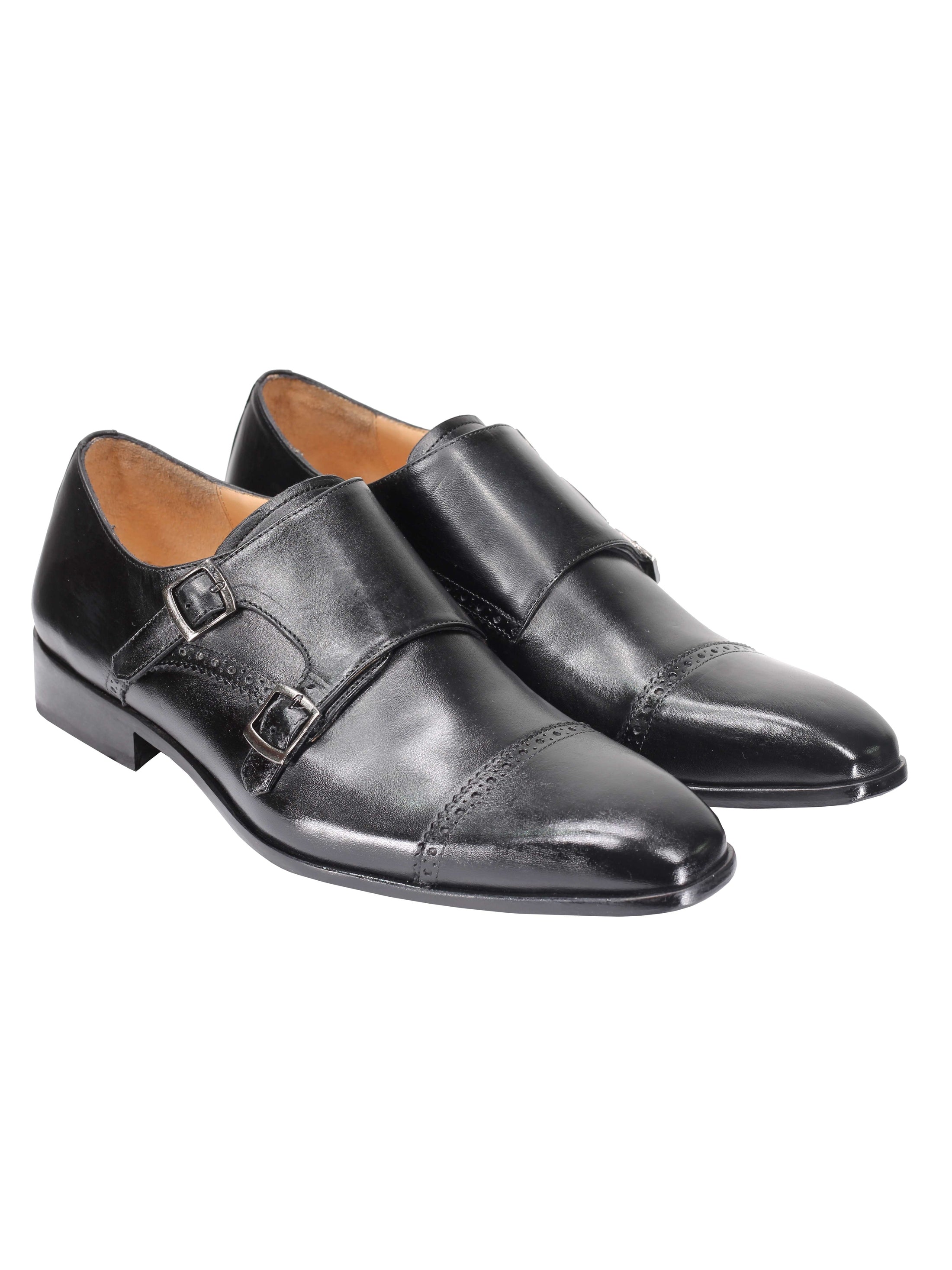 BLACK CALF LEATHER SEMI BROGUE MONK SHOES
