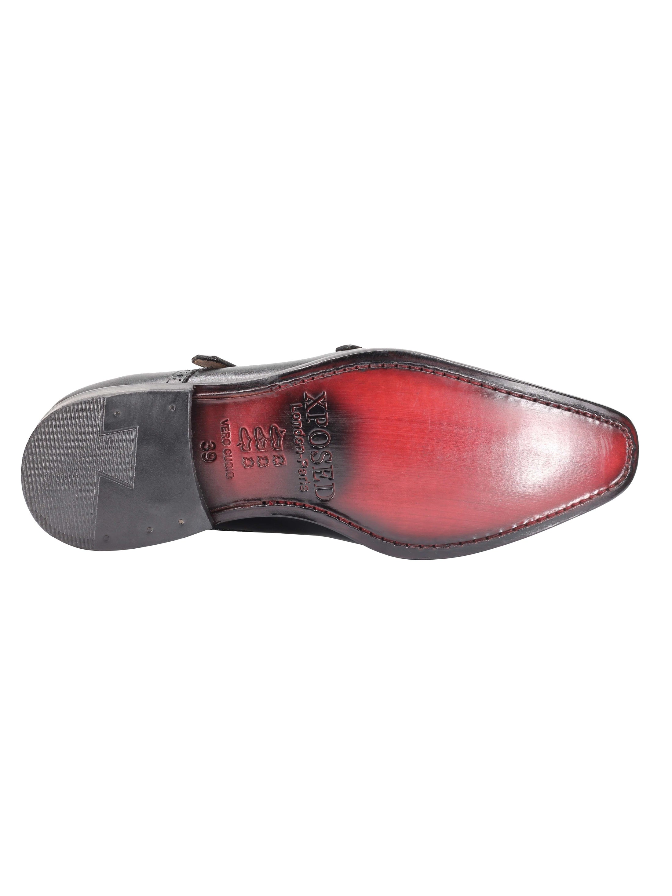 BLACK CALF LEATHER SEMI BROGUE MONK SHOES