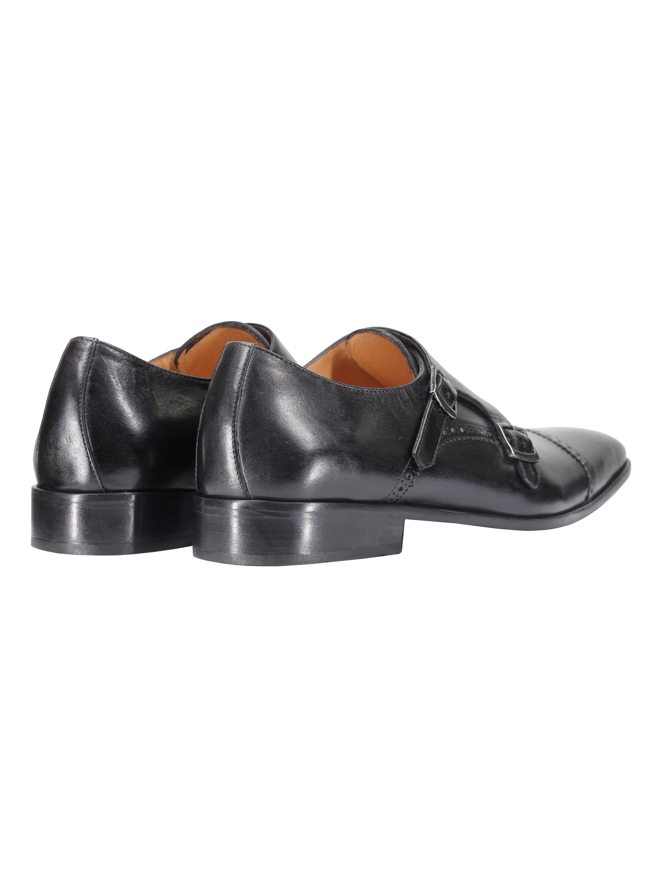 BLACK CALF LEATHER SEMI BROGUE MONK SHOES