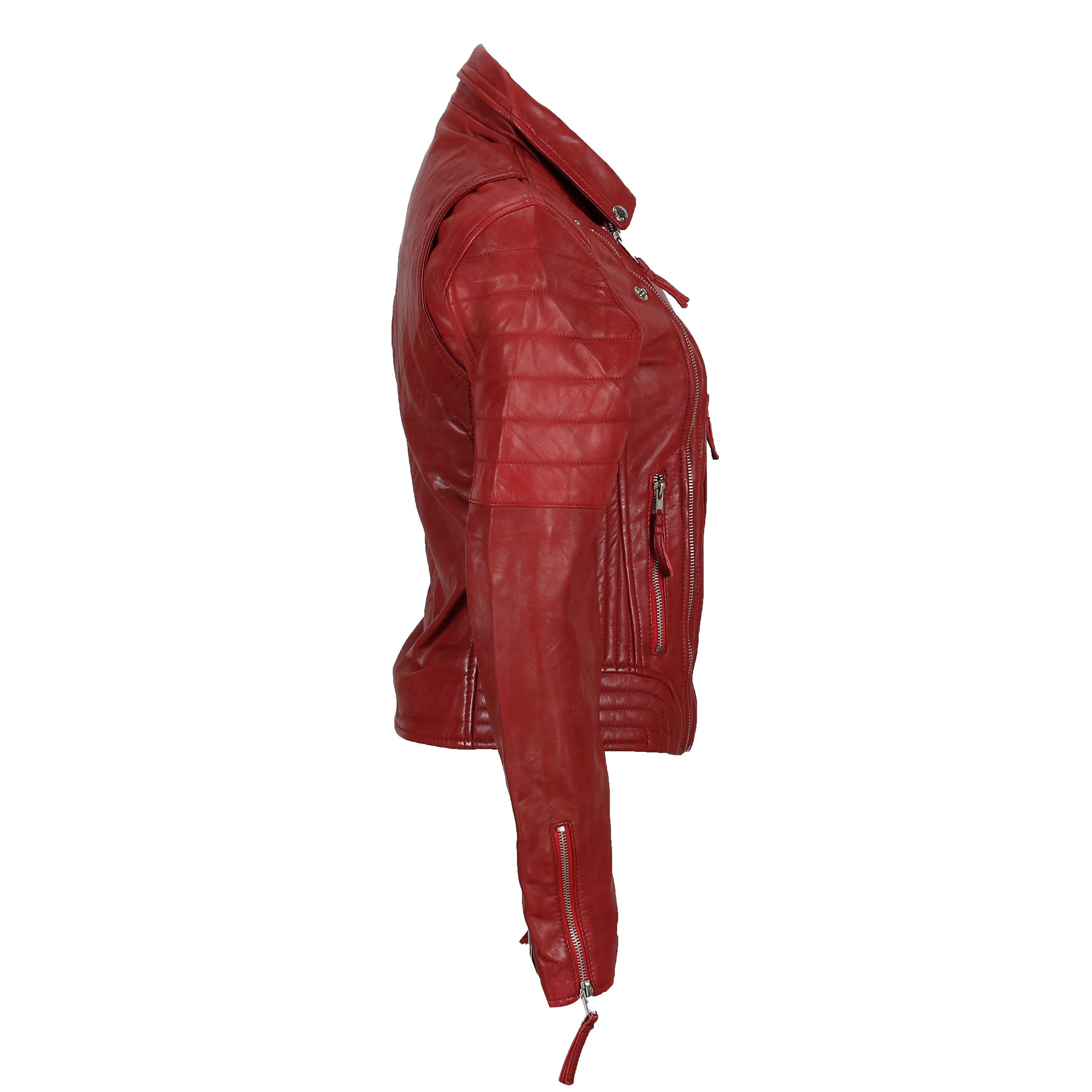 LADIE'S SLIM FIT BIKER JACKET IN RED