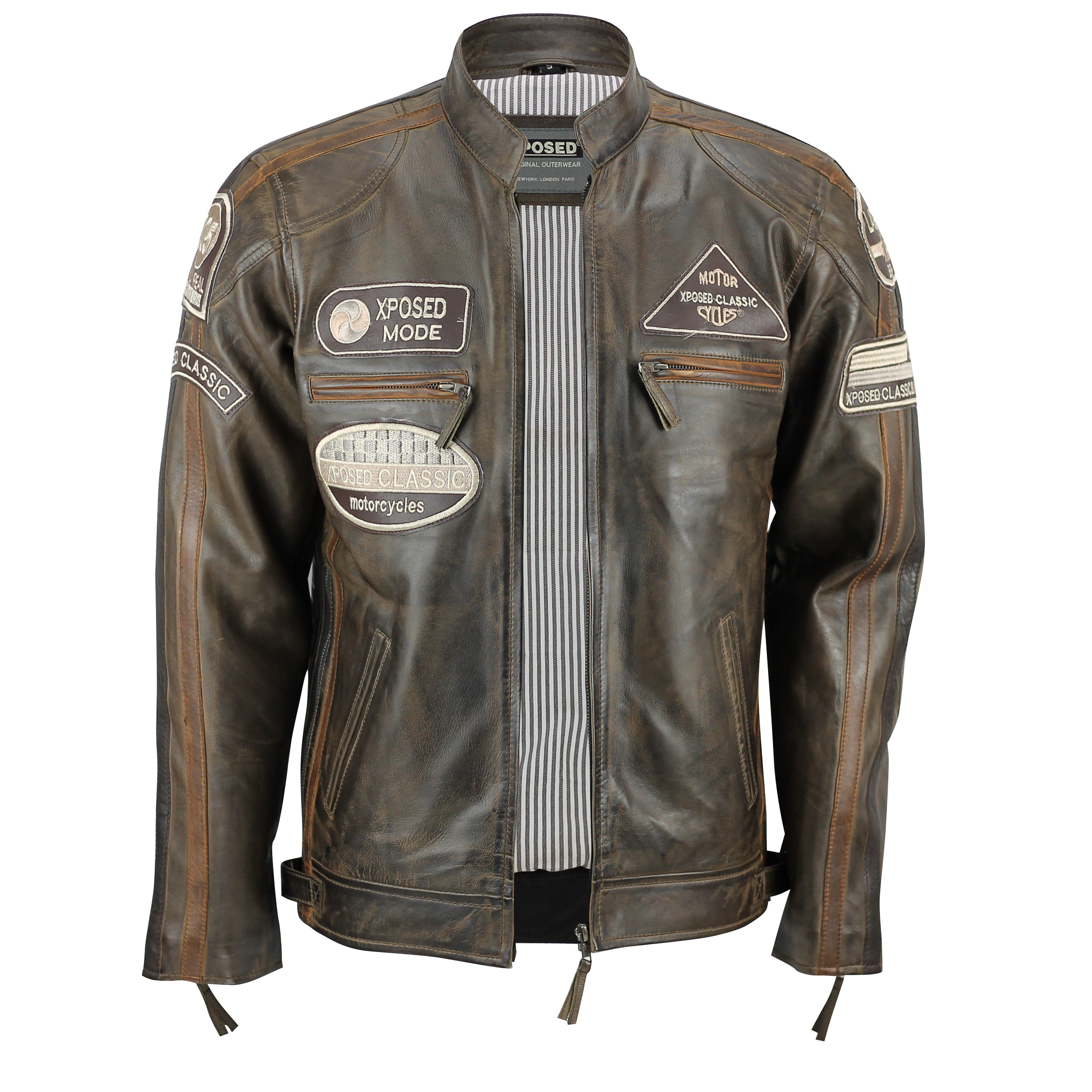 XPOSED REAL LEATHER BIKER SLIM FIT JACKET IN BROWN