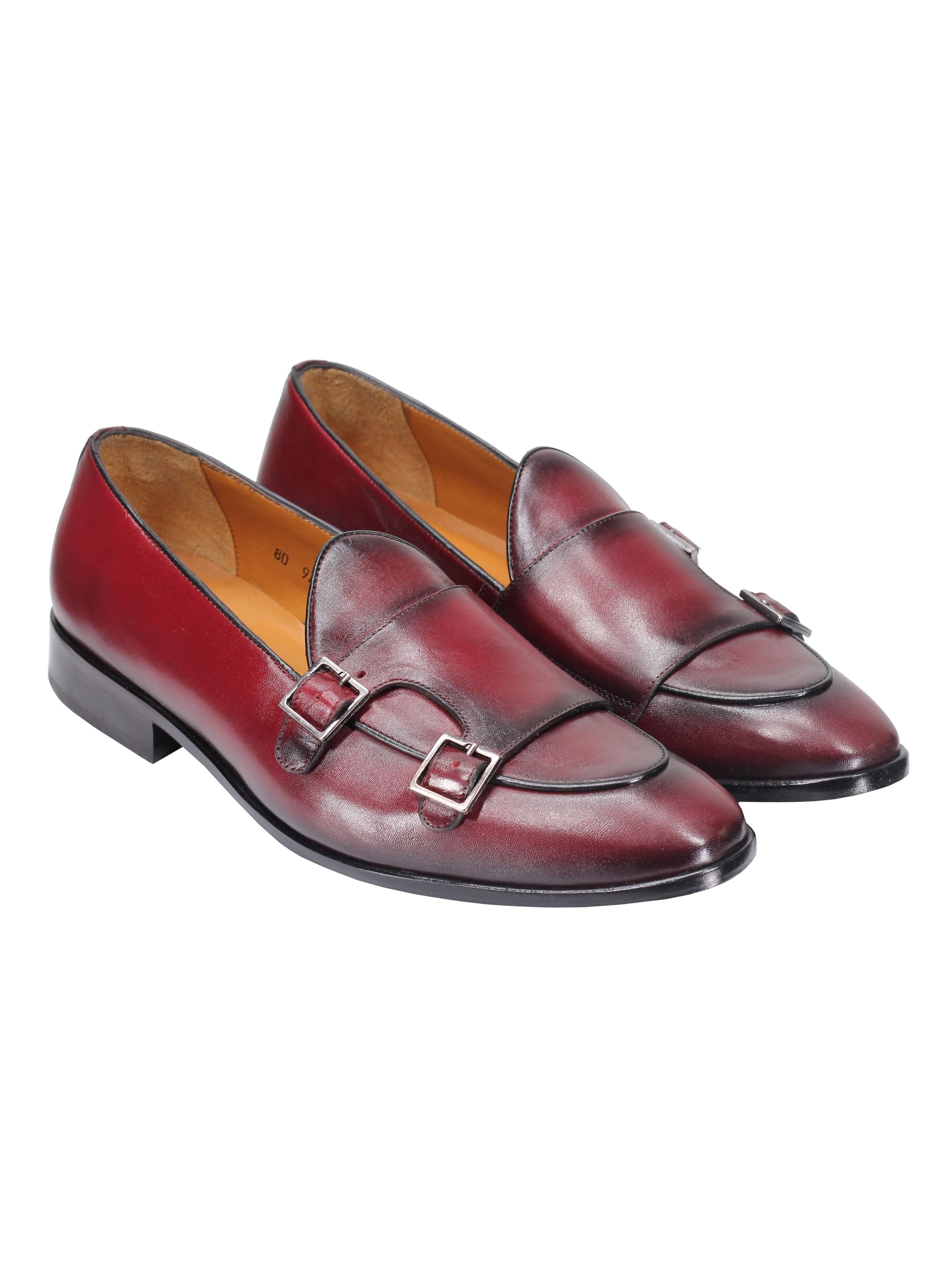 Real Leather Double Monk Shoes in Wine