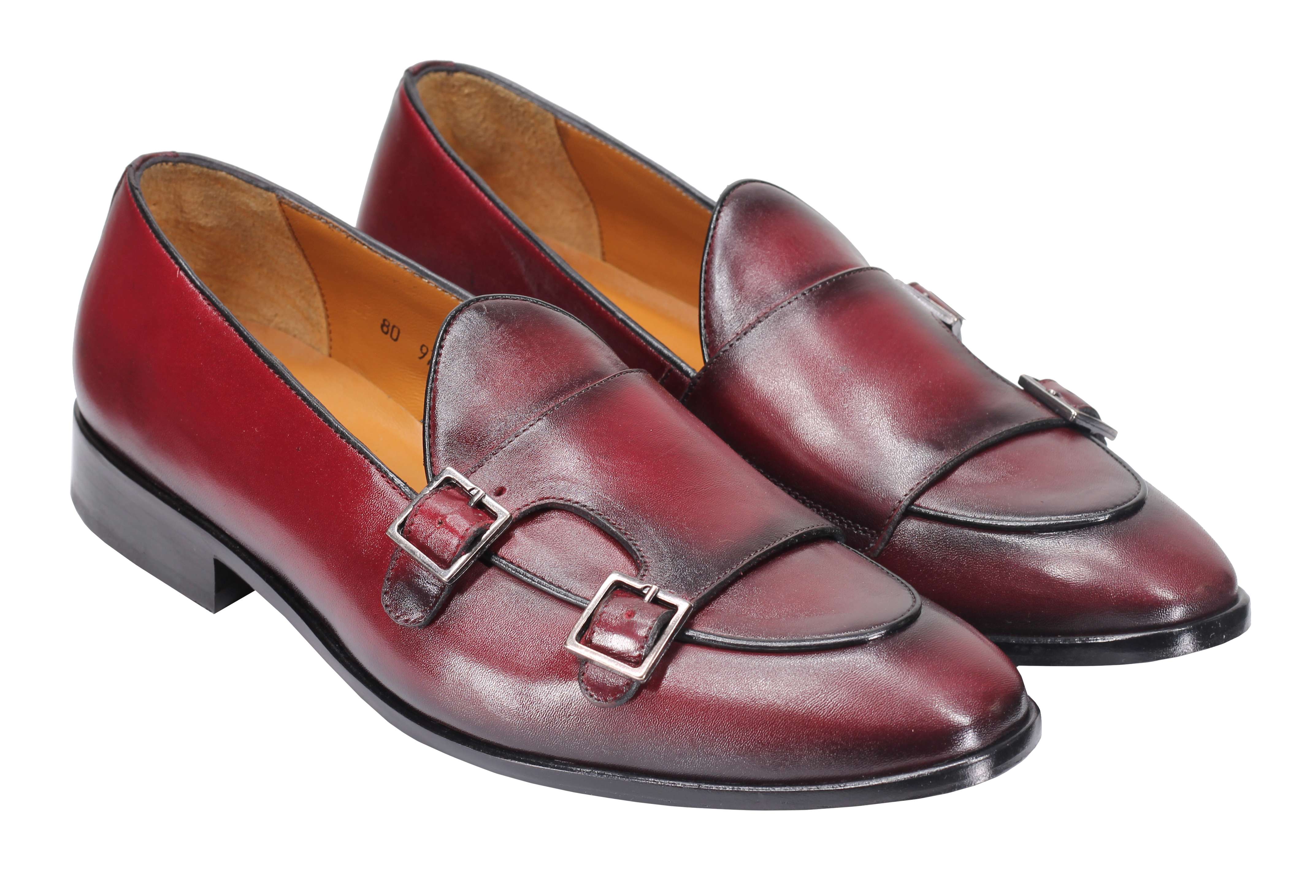 Real Leather Double Monk Shoes in Wine