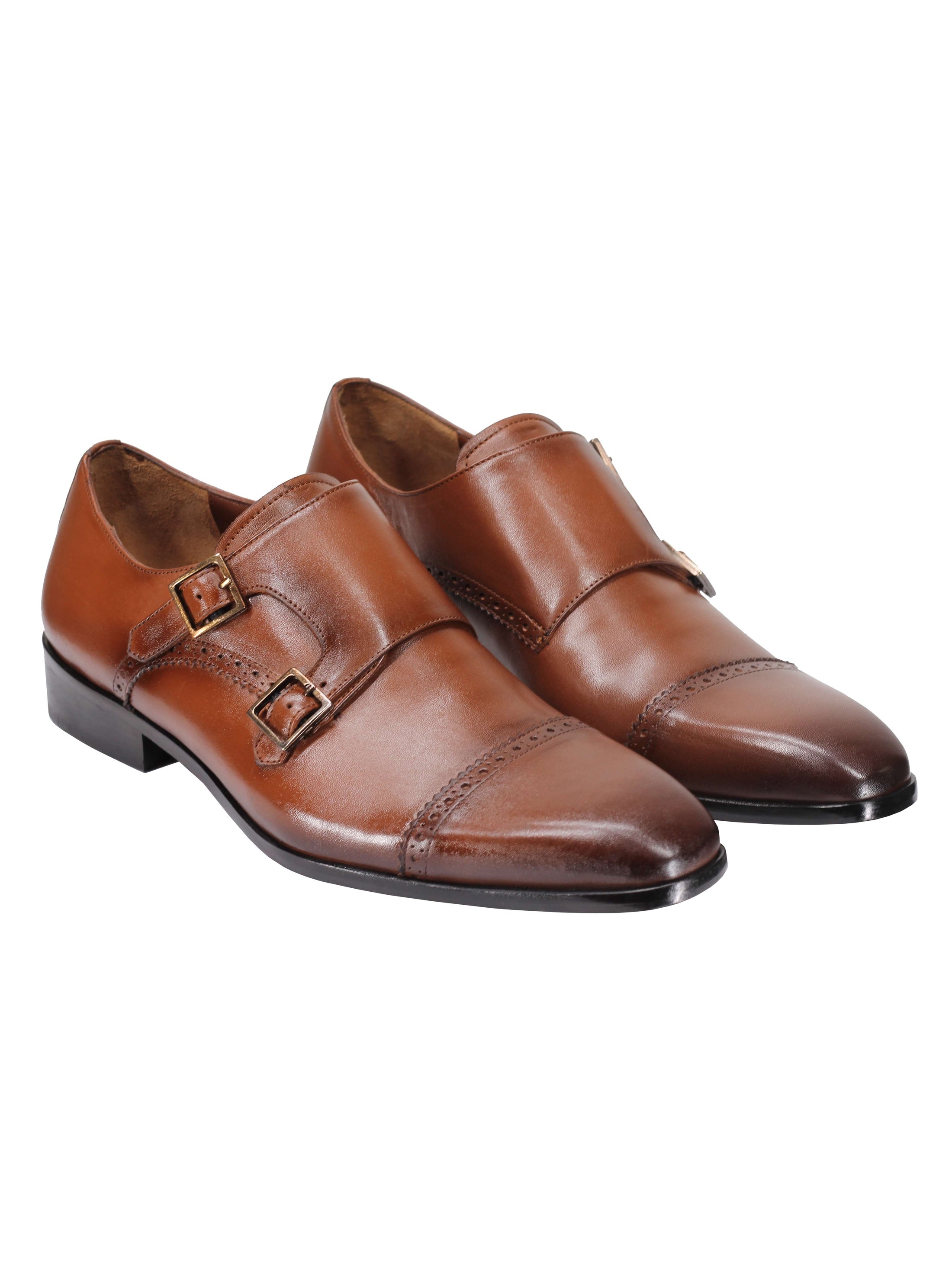 BROWN CALF LEATHER SEMI BROGUE MONK SHOES