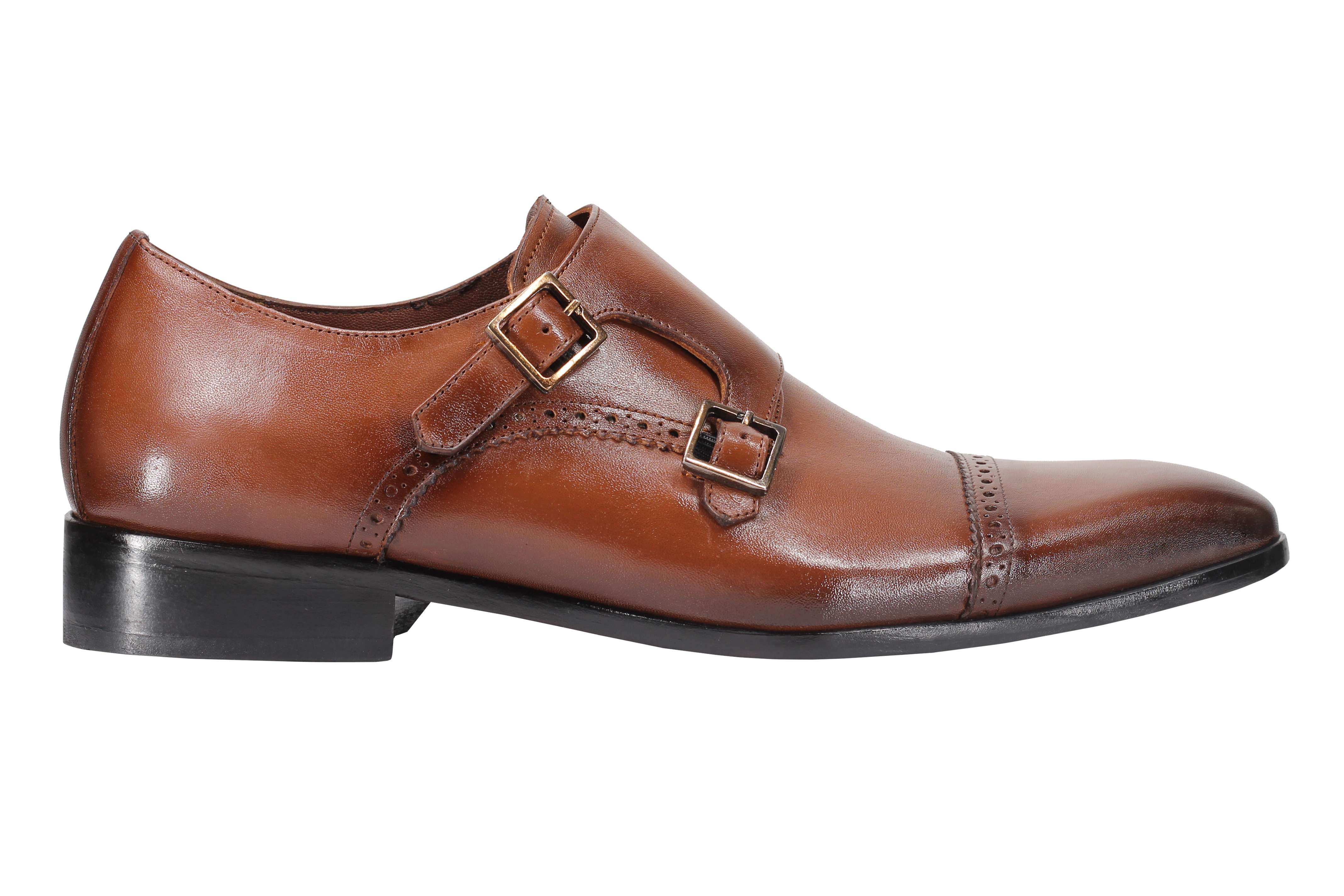 BROWN CALF LEATHER SEMI BROGUE MONK SHOES