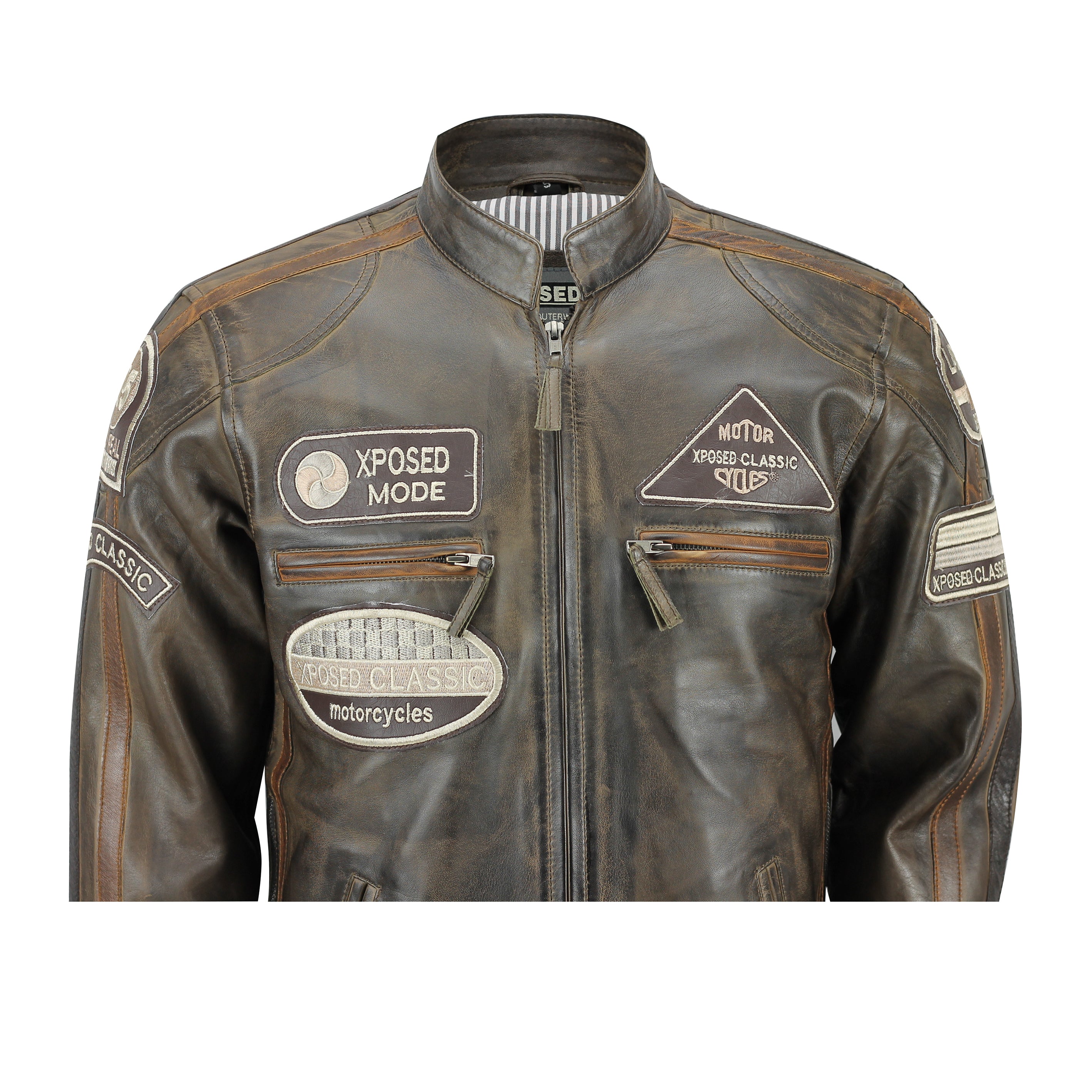 XPOSED REAL LEATHER BIKER SLIM FIT JACKET IN BROWN