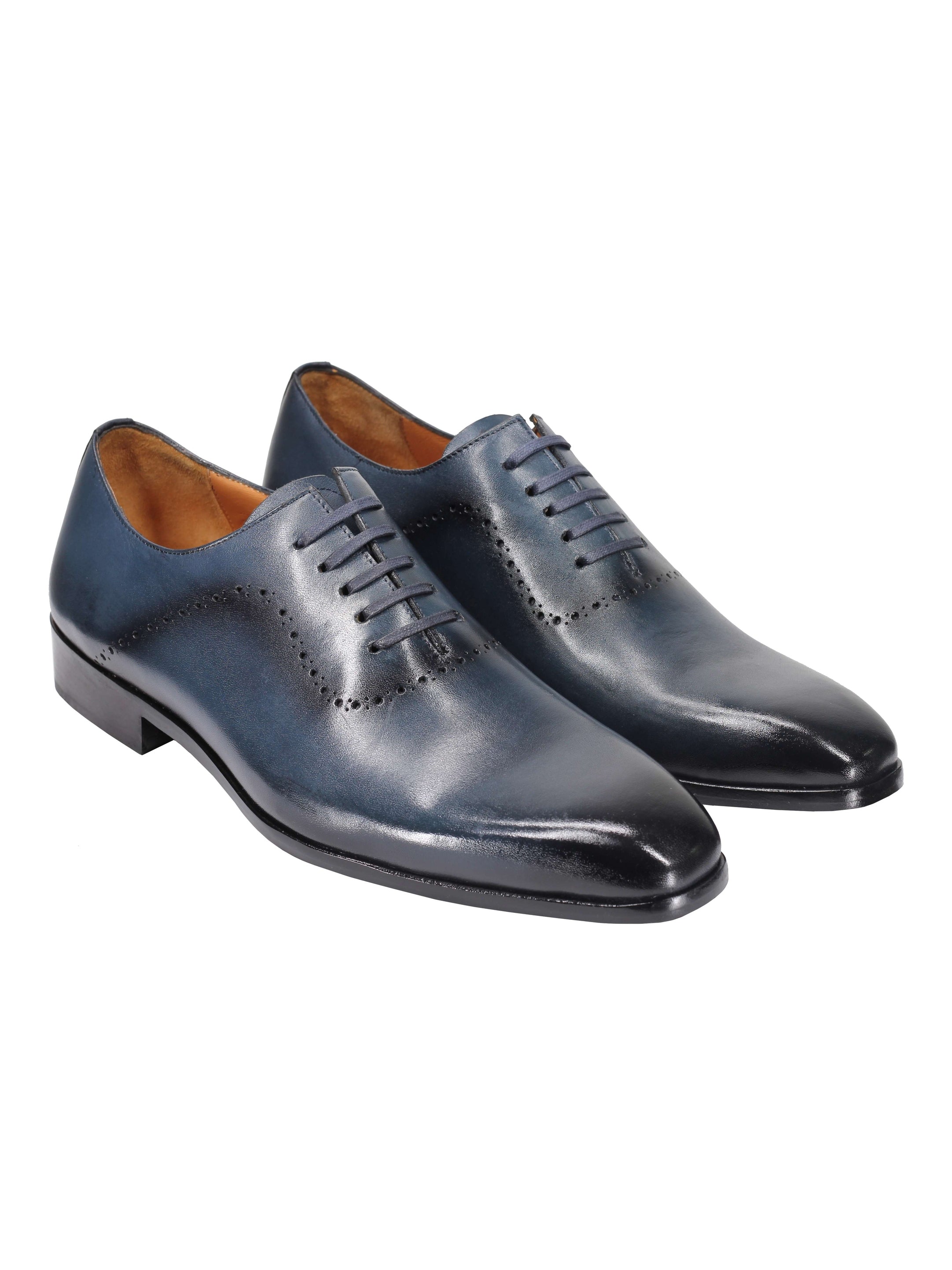 BLUE CALF LEATHER OXFORD LACE UP BROGUE SHOES