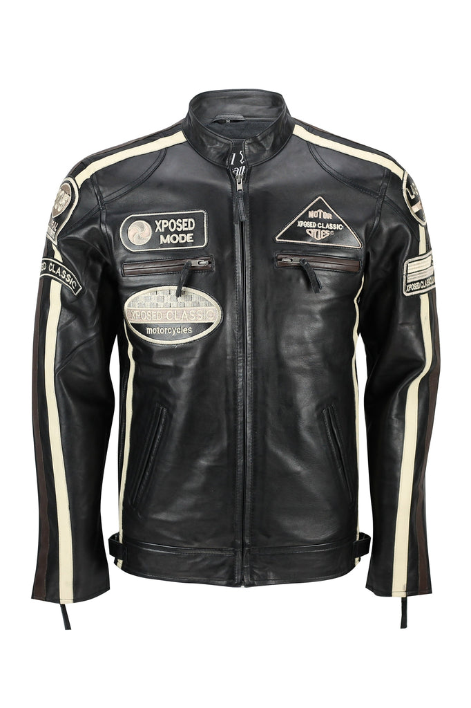 XPOSED REAL LEATHER BIKER SLIM FIT BLACK JACKET
