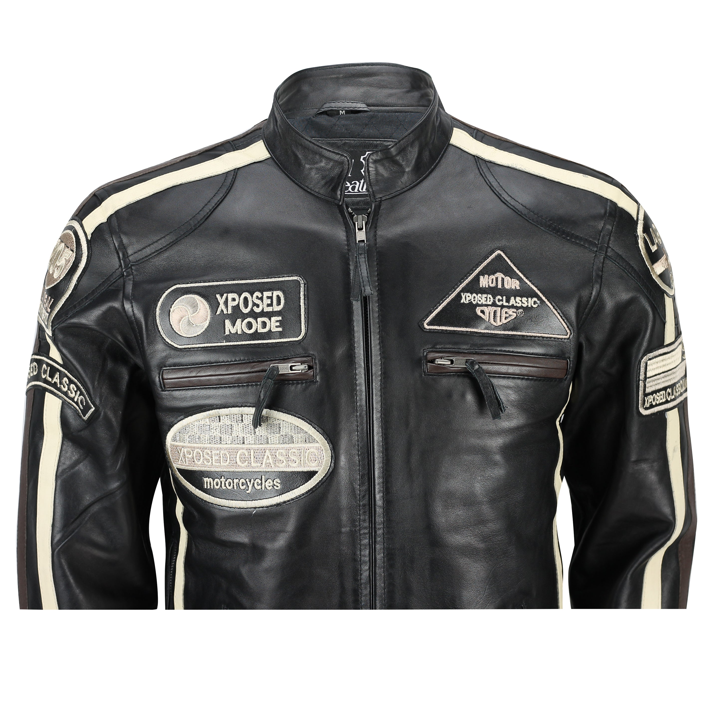 XPOSED REAL LEATHER BIKER SLIM FIT BLACK JACKET