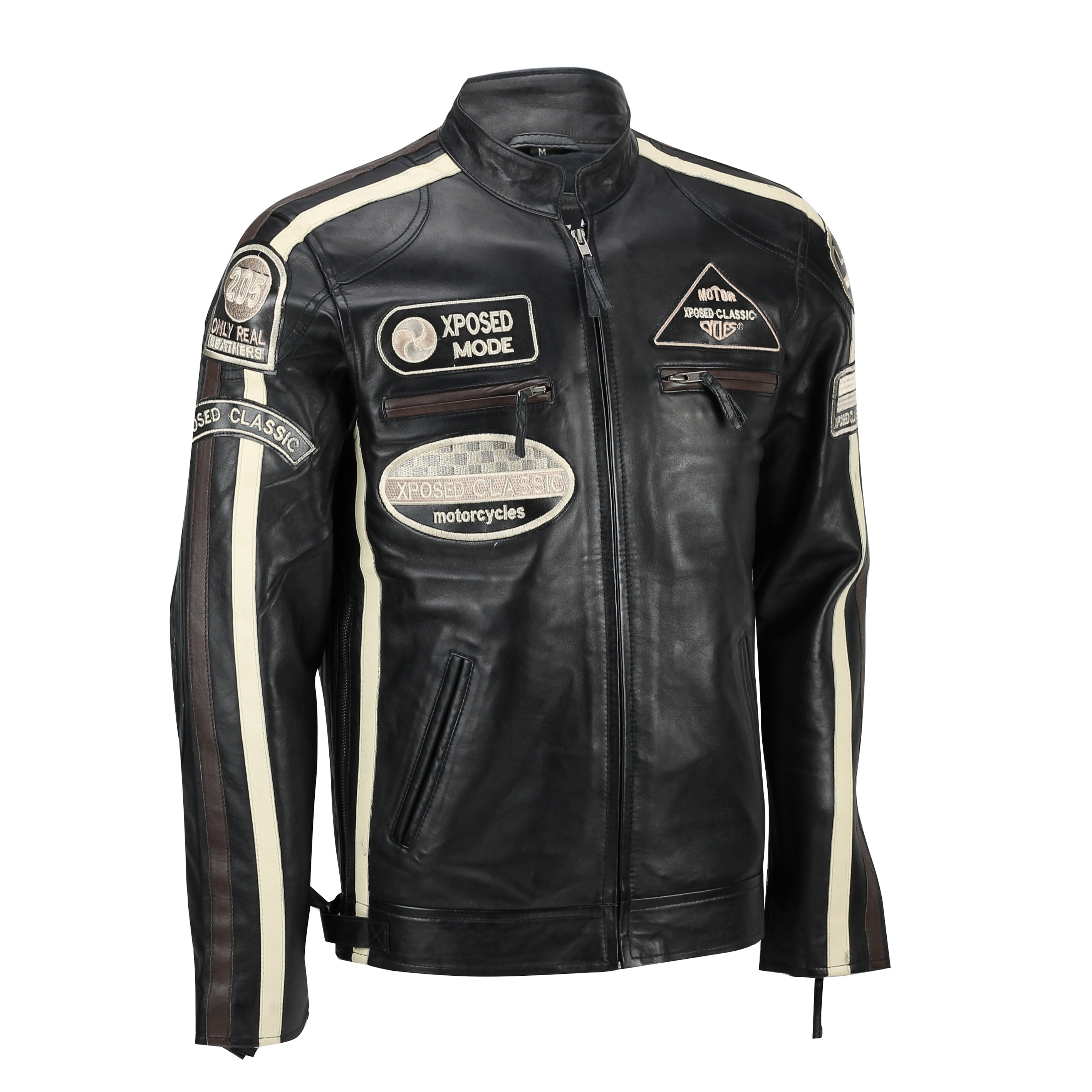 XPOSED REAL LEATHER BIKER SLIM FIT BLACK JACKET