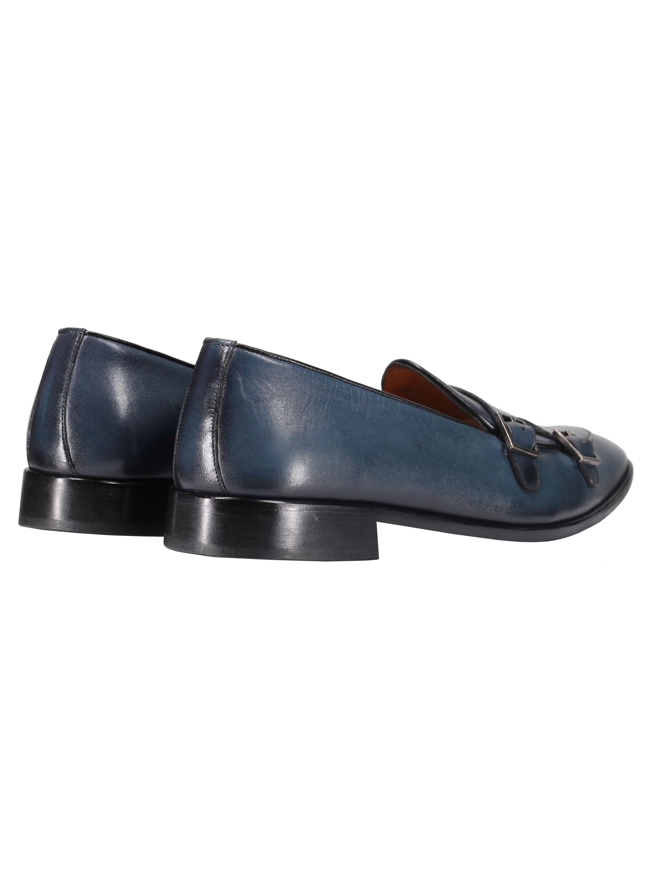 Mocassins Double Boucle en Cuir de Veau Bleu