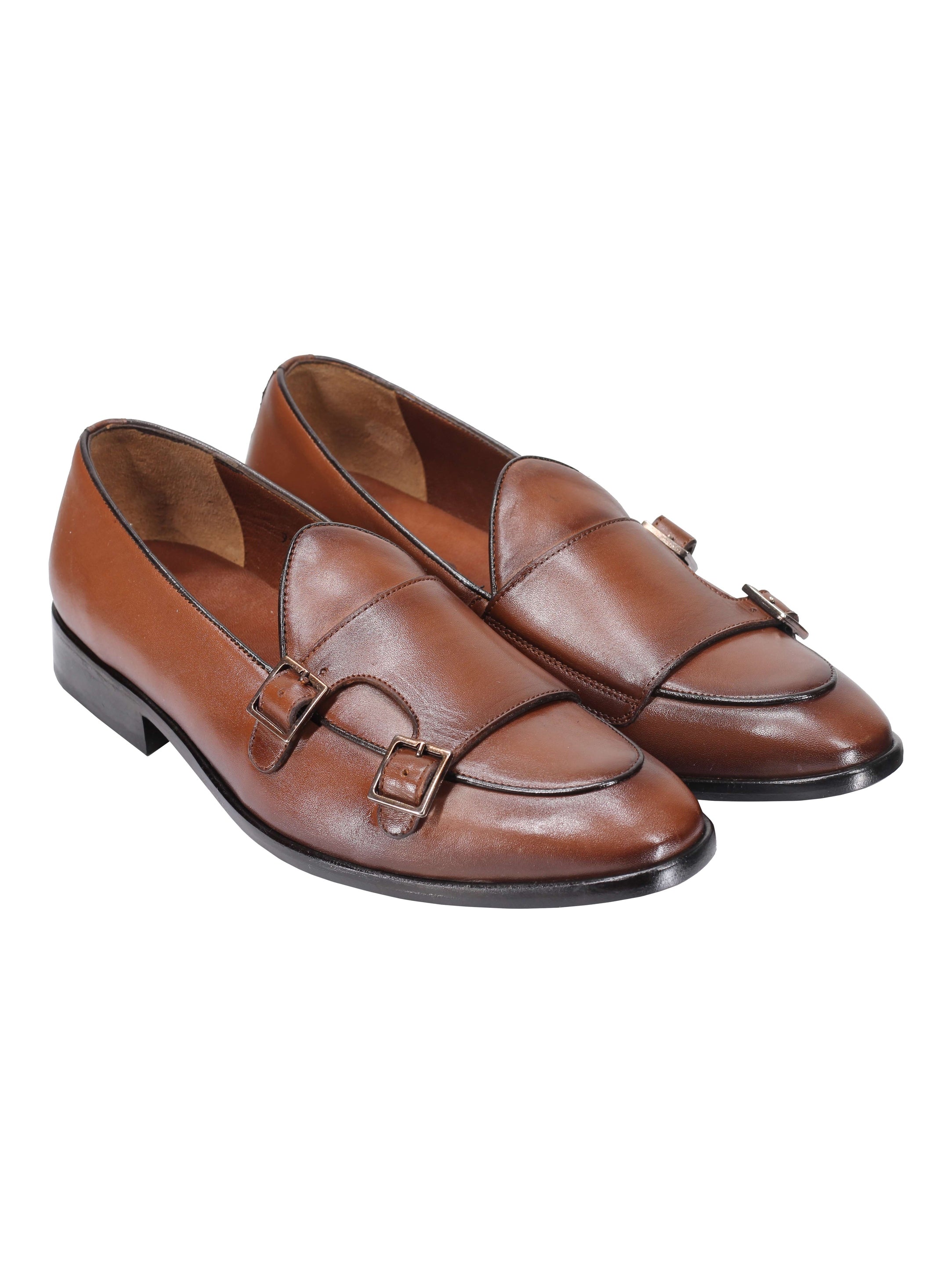 Tan Calf Leather Double Monk Shoes