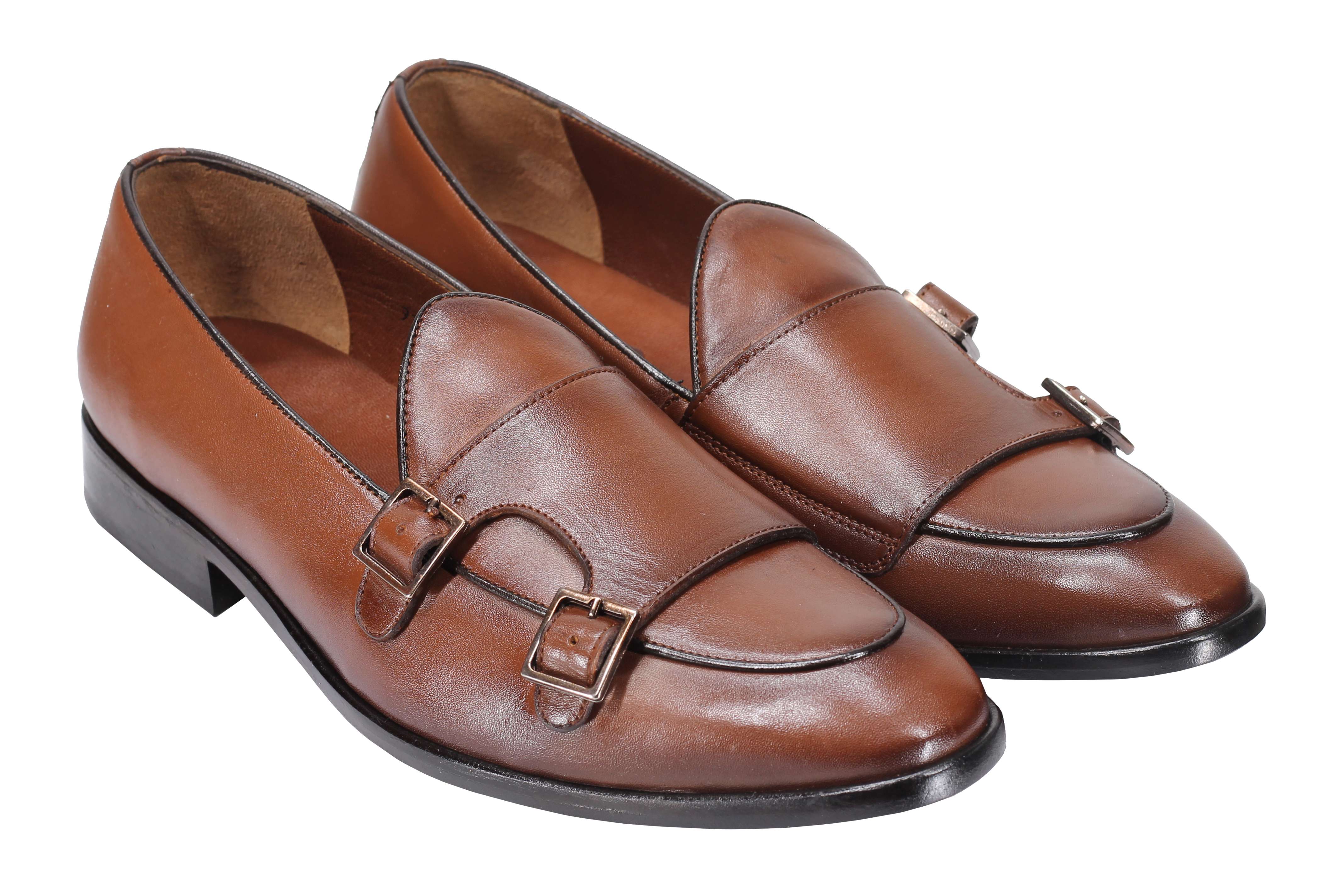 Tan Calf Leather Double Monk Shoes