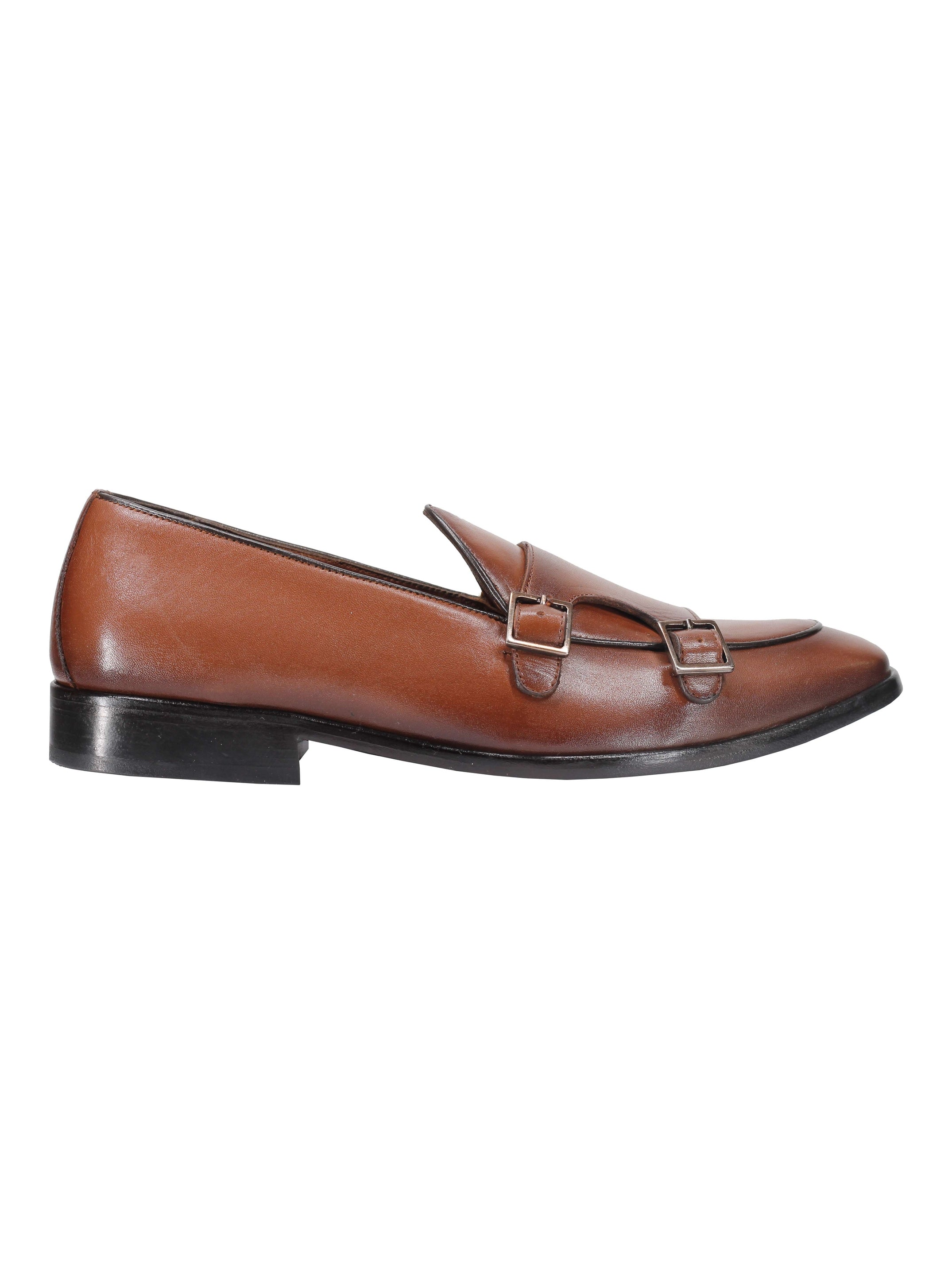 Tan Calf Leather Double Monk Shoes