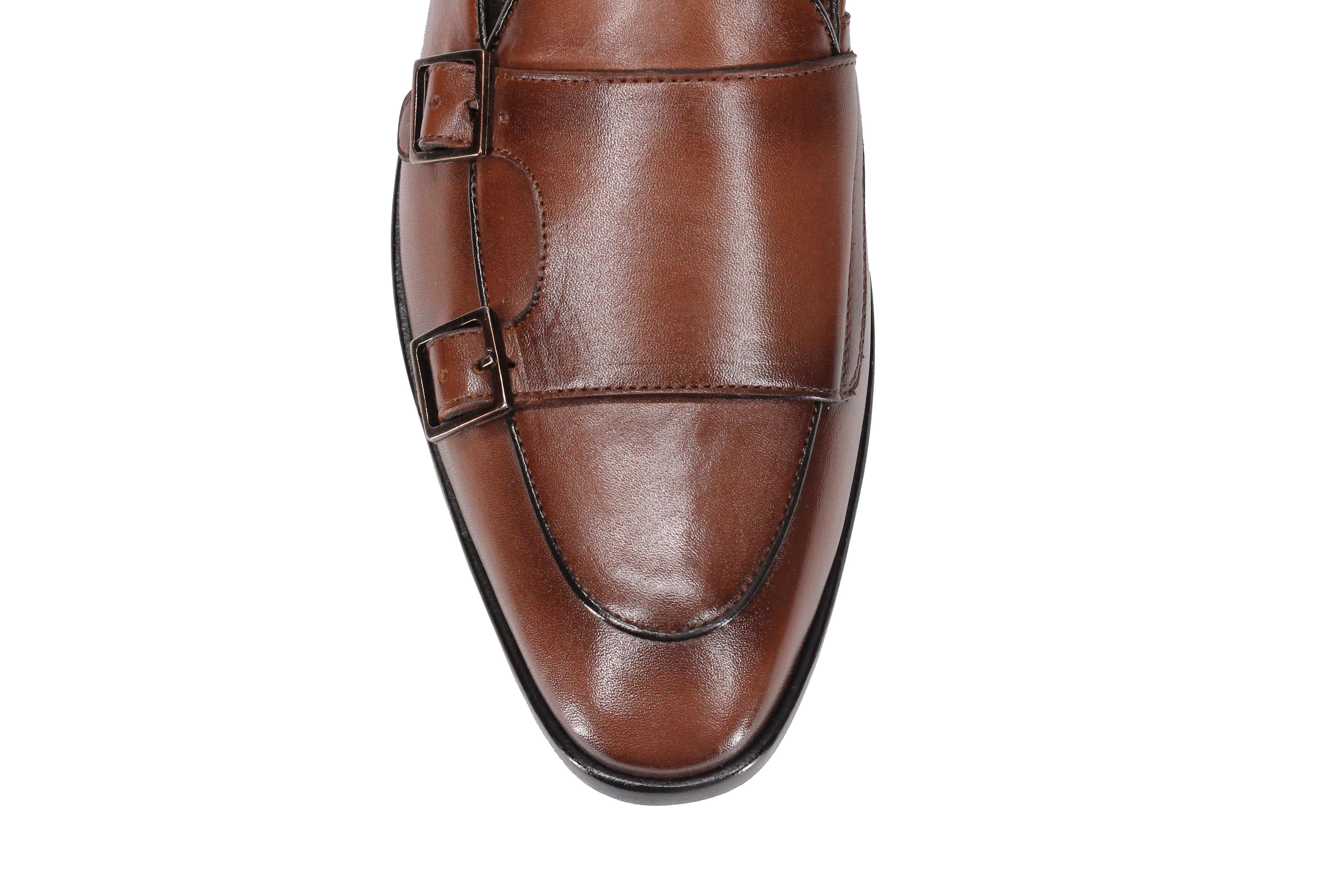 Tan Calf Leather Double Monk Shoes