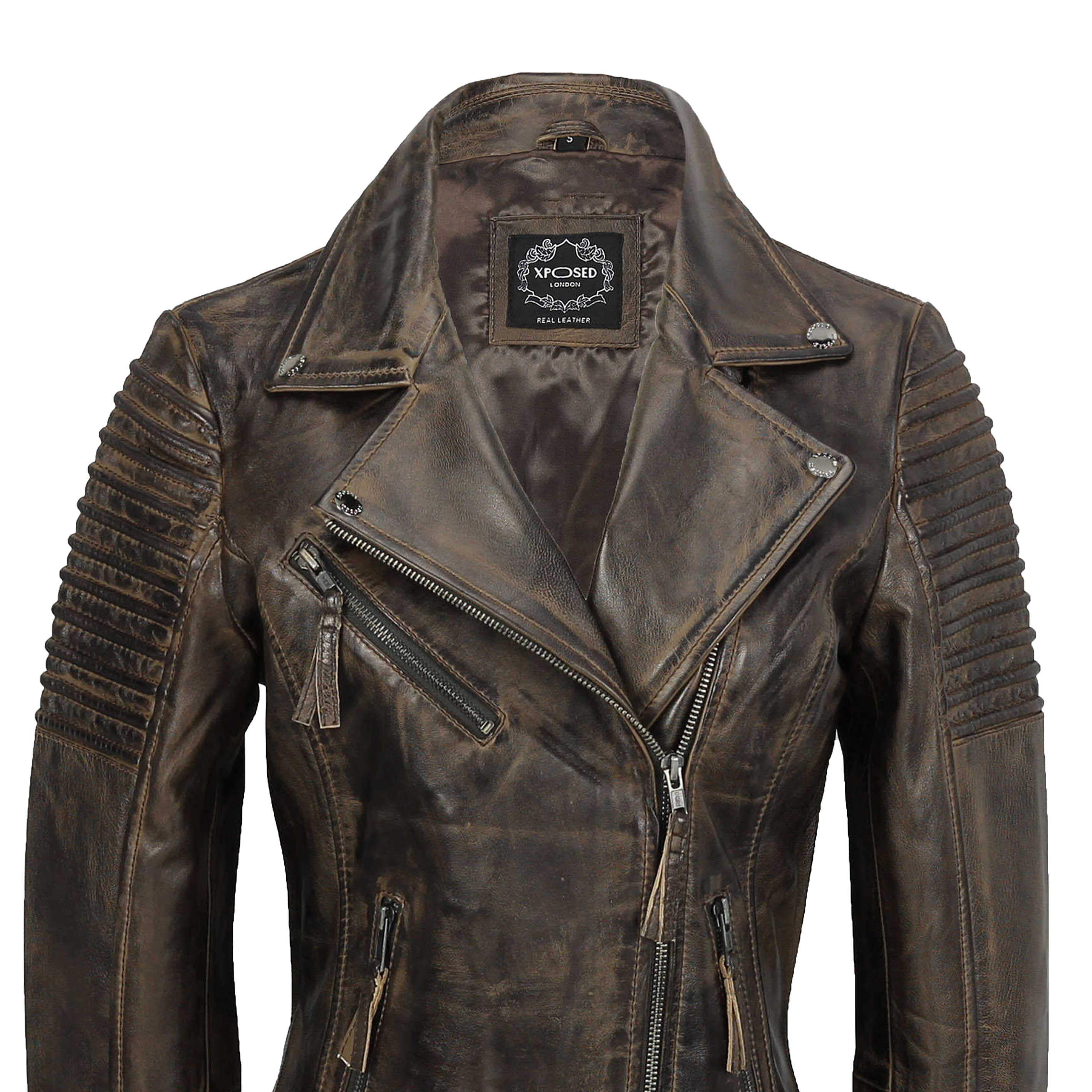 Ladies Retro Biker Jacket Brown