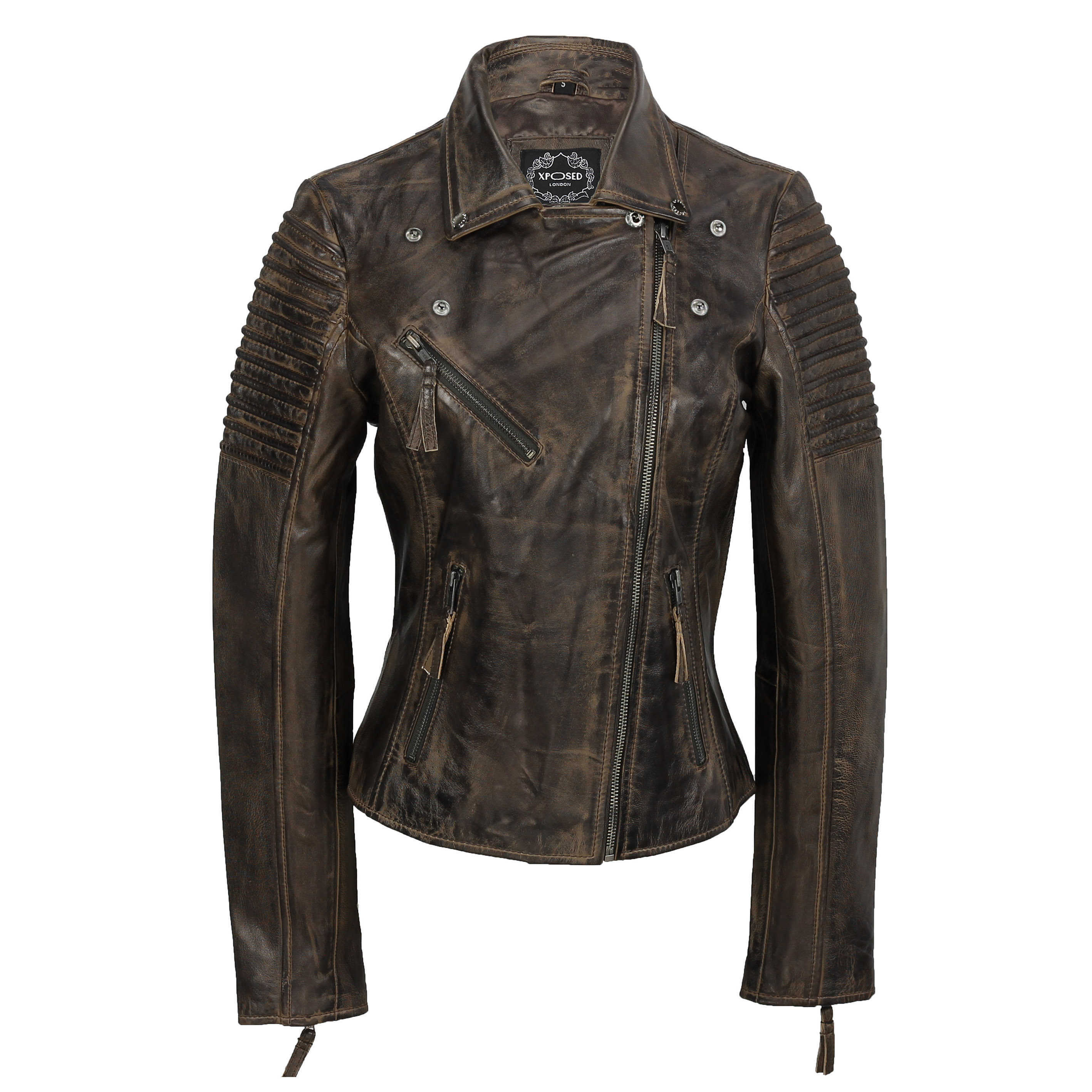 Ladies Retro Biker Jacket Brown