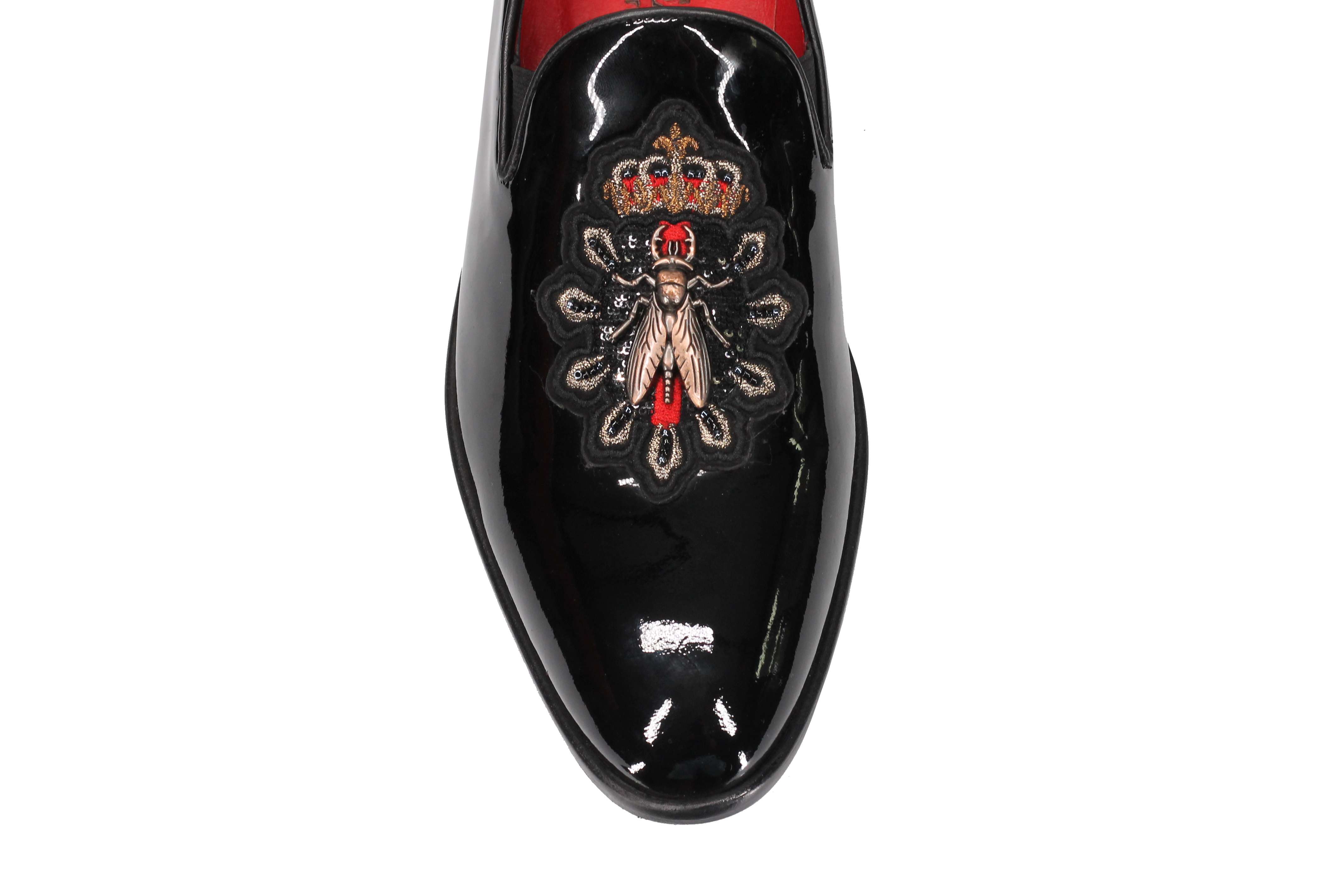 BLACK LEATHER SOLE SHOES WITH EMBROIDERY CROWN & BEE