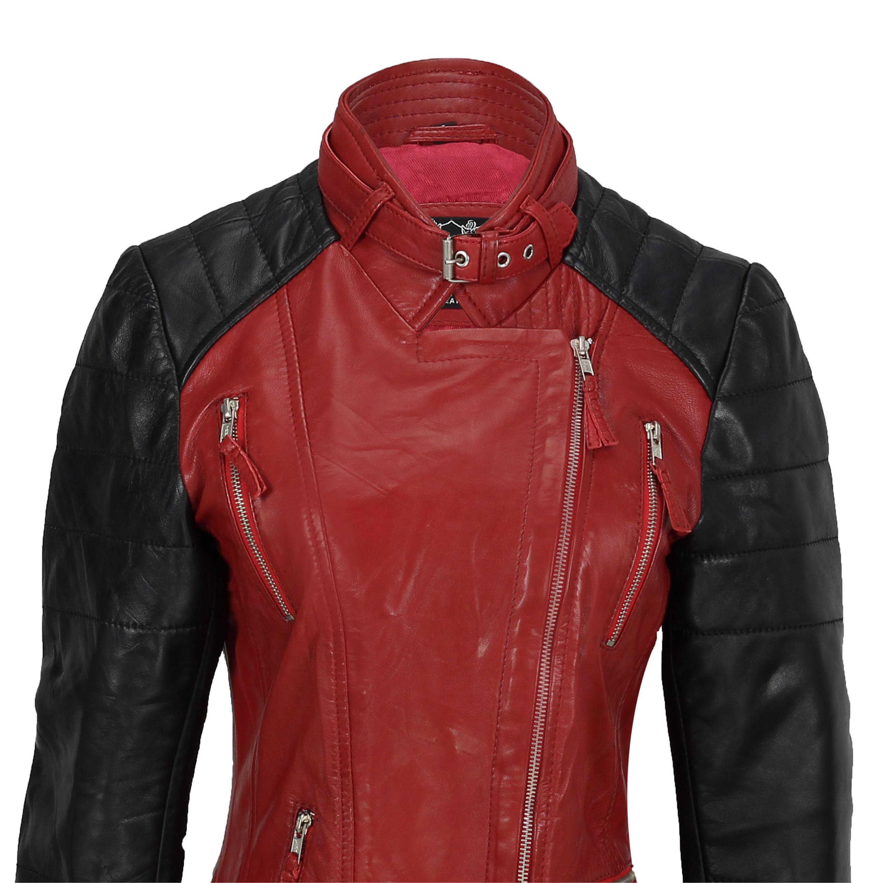 Ladies Black Red Vintage Soft Genuine Real Leather Biker Jacket Size Fitted