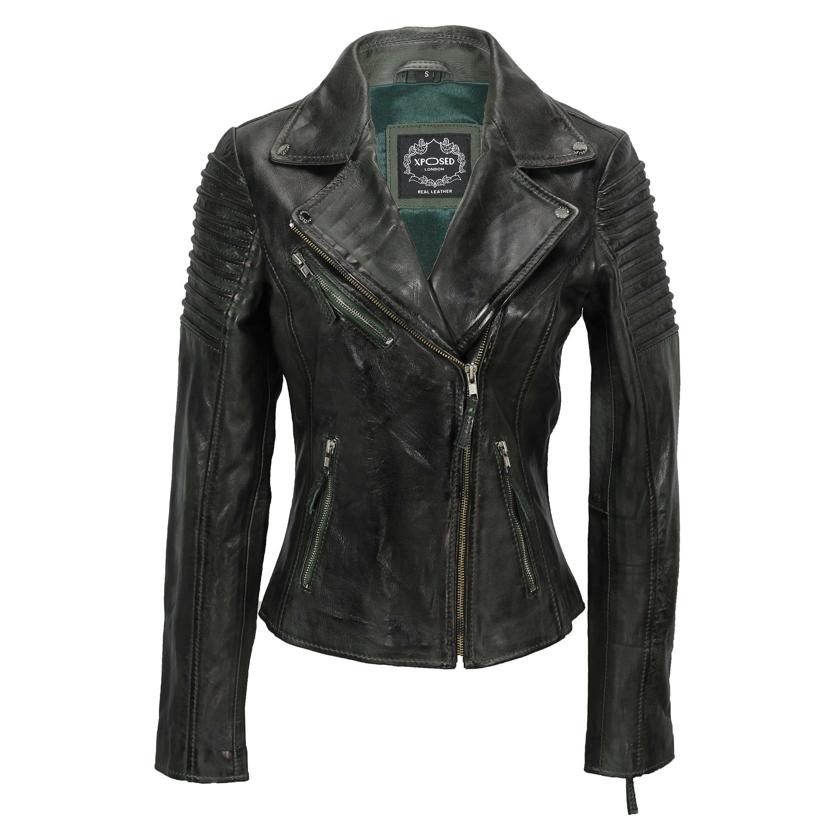 Ladies Retro Biker Jacket Green