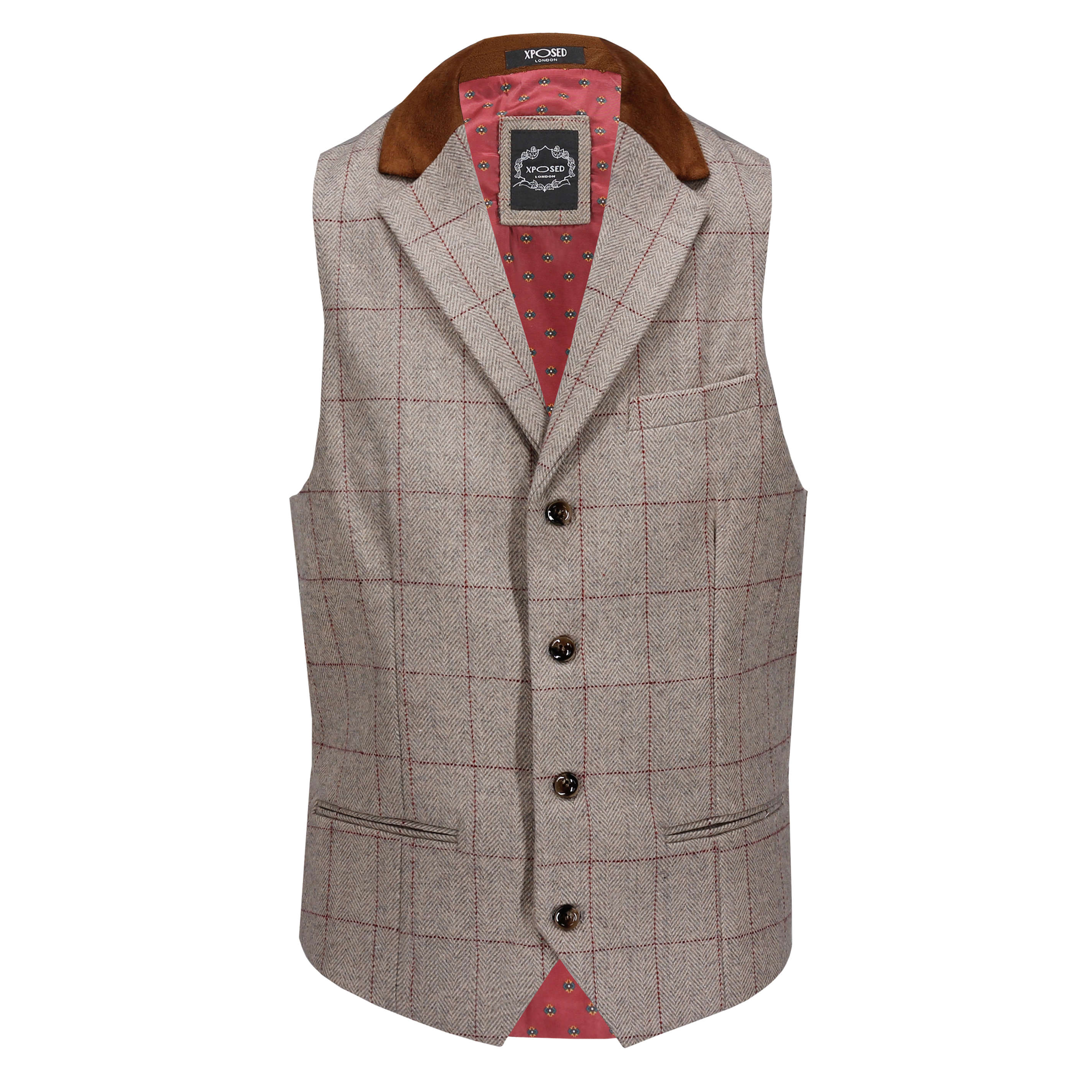 Herringbone Tweed Check Tan Collared Waistcoat