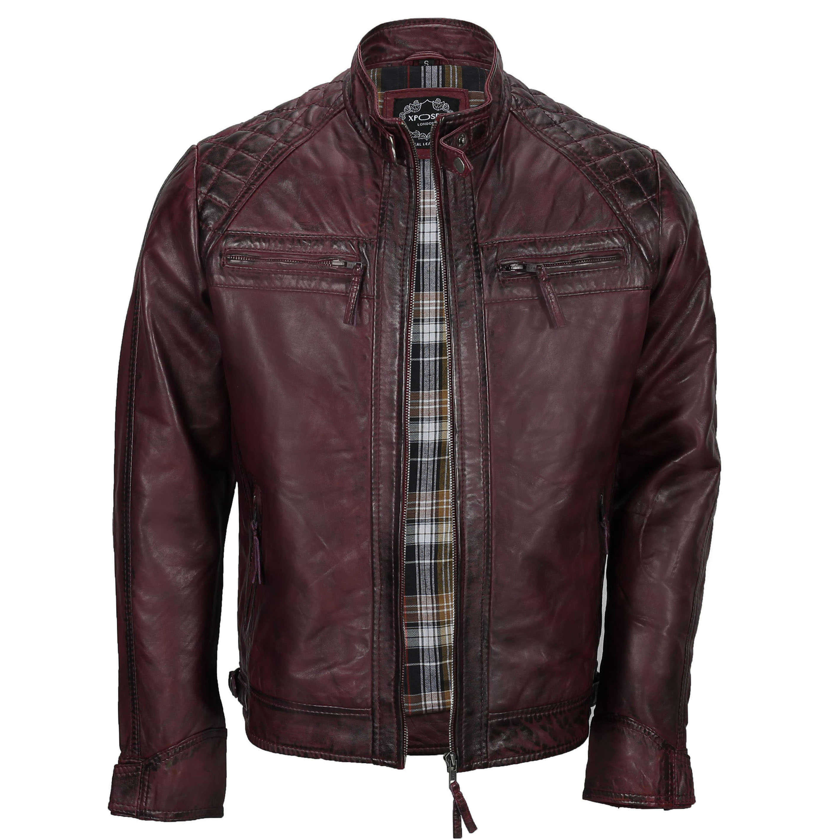 Mens Real Leather Antiqued Wash Wine Maroon Vintage Slim Fit Biker Style Jacket