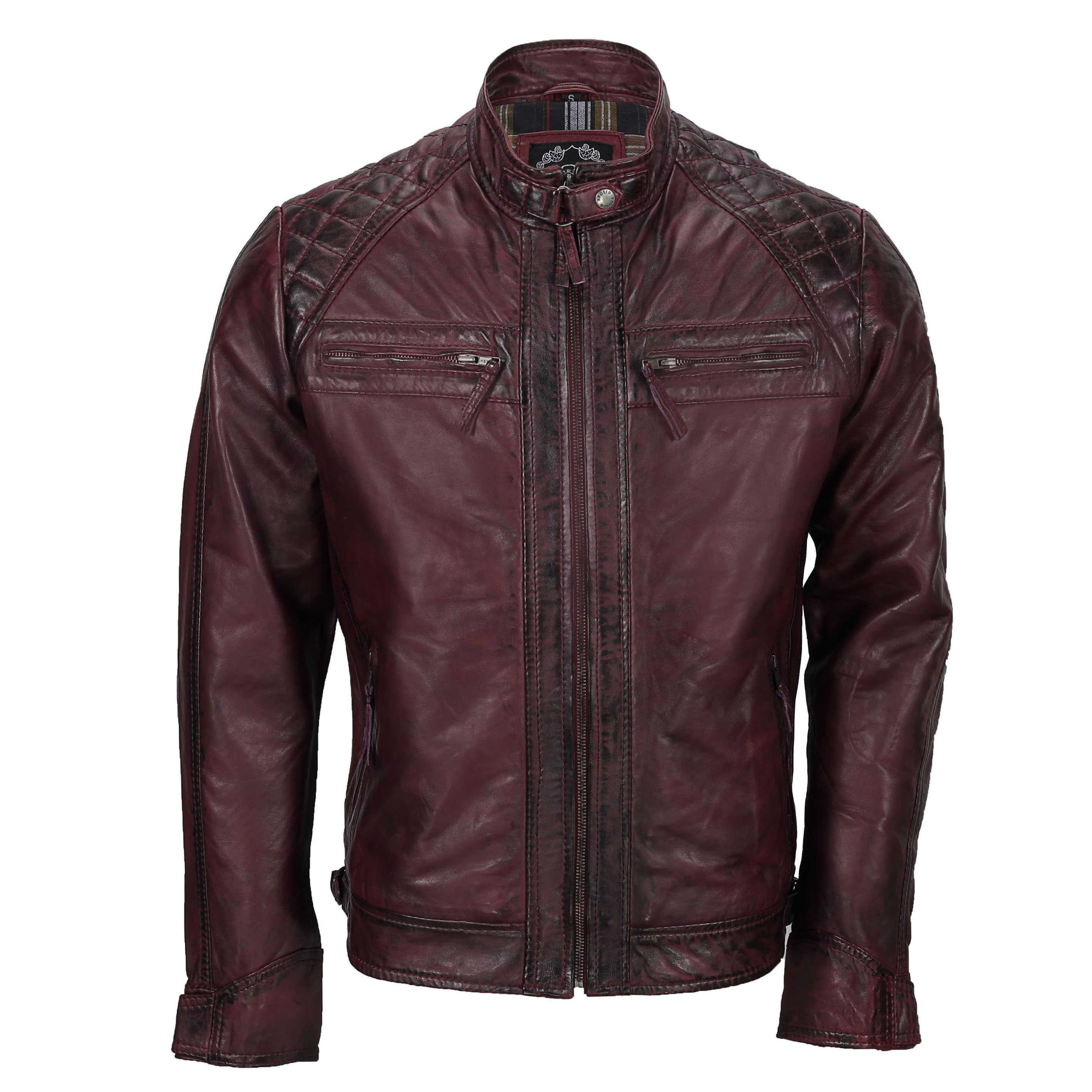 Mens Real Leather Antiqued Wash Wine Maroon Vintage Slim Fit Biker Style Jacket