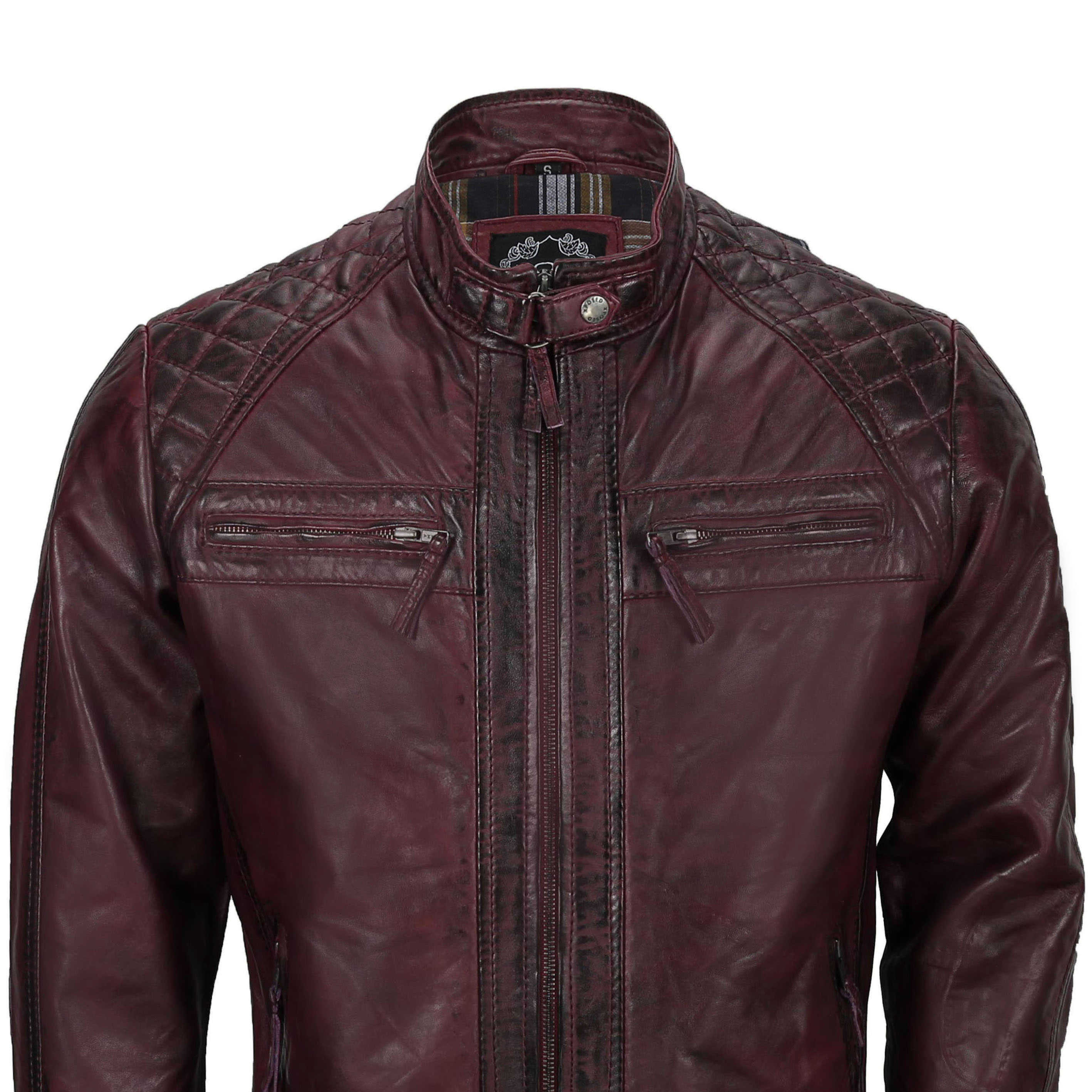 Mens Real Leather Antiqued Wash Wine Maroon Vintage Slim Fit Biker Style Jacket