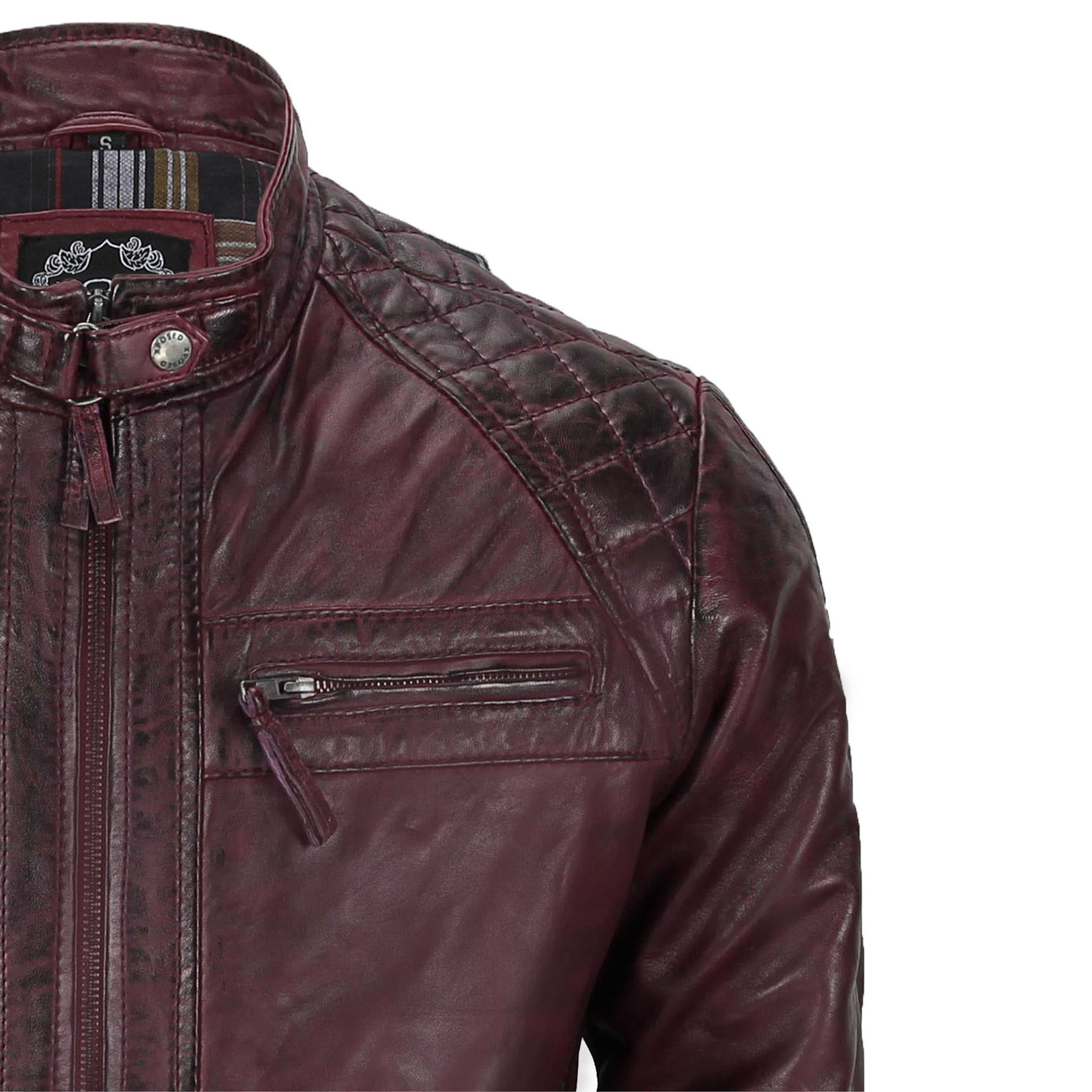 Mens Real Leather Antiqued Wash Wine Maroon Vintage Slim Fit Biker Style Jacket