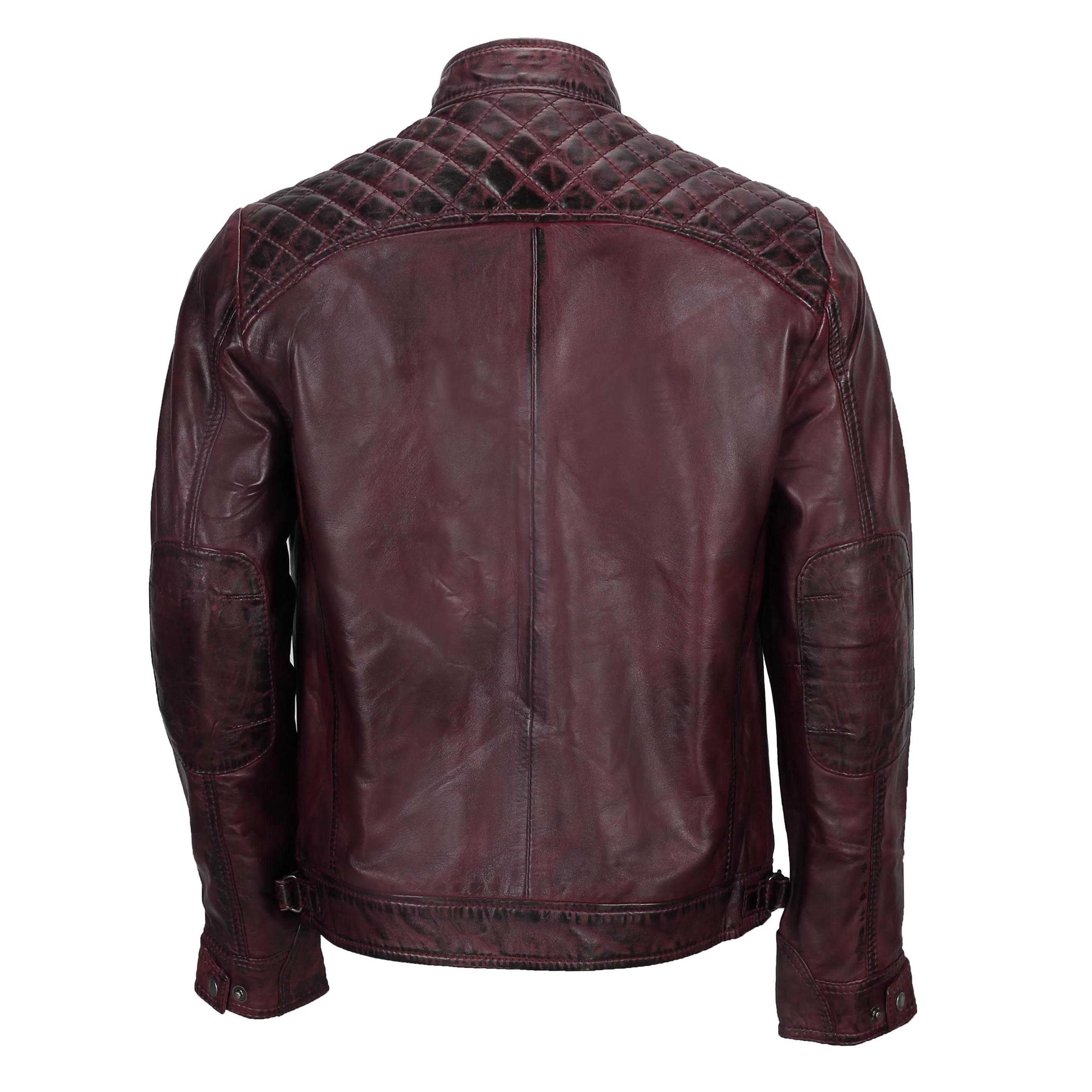 Mens Real Leather Antiqued Wash Wine Maroon Vintage Slim Fit Biker Style Jacket