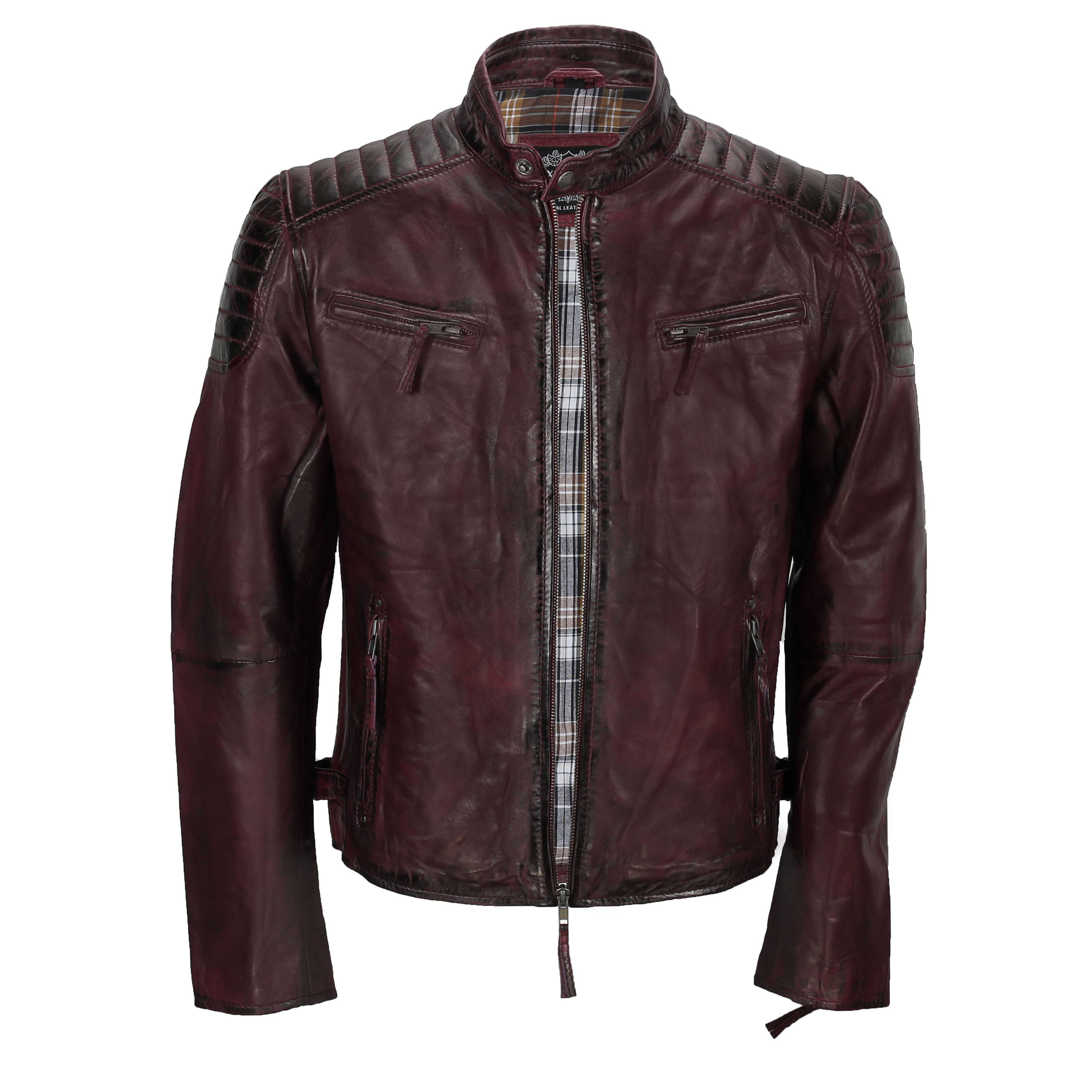 Mens Real Leather Biker Jacket In Washed Antiqued Maroon Vintage Slim Fitted