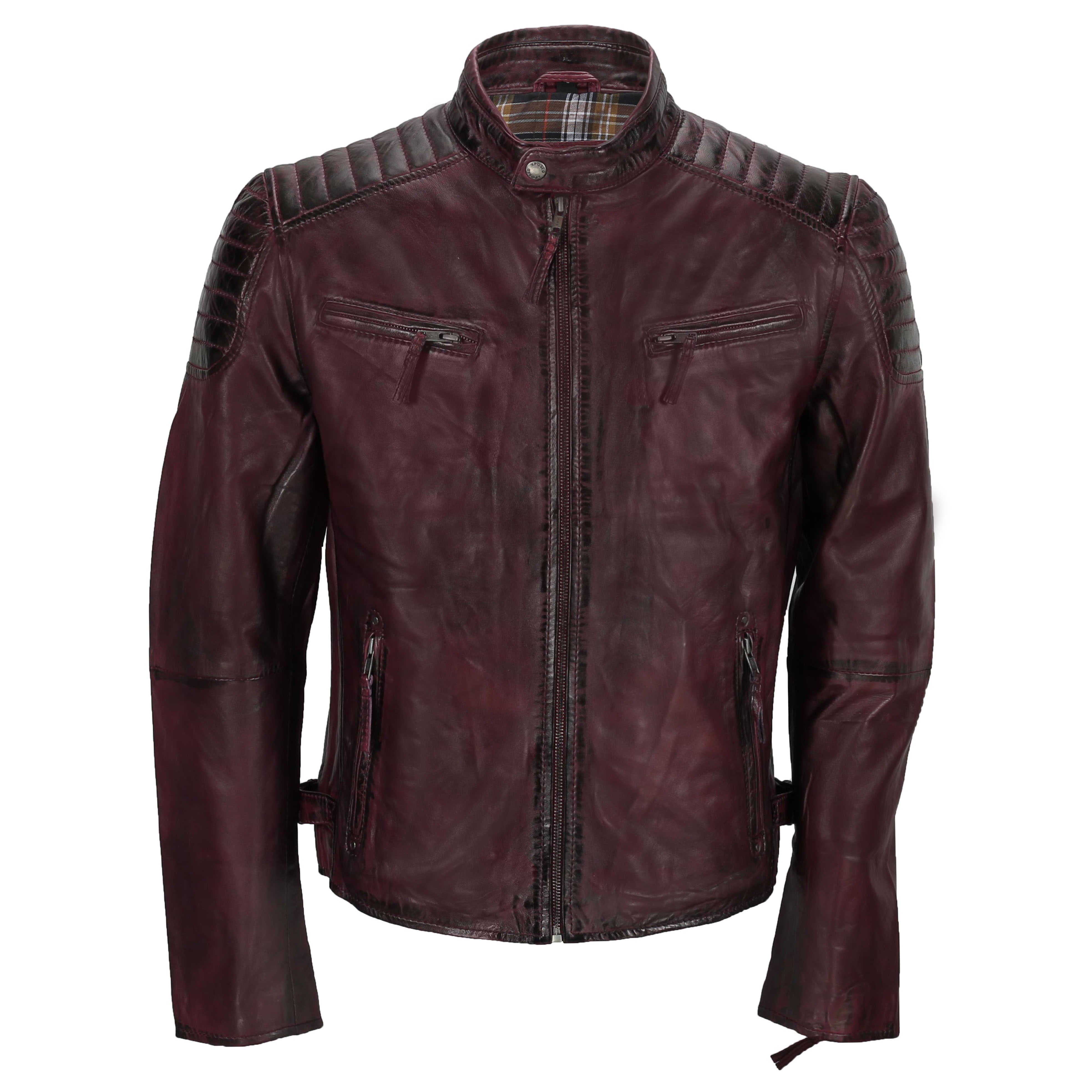 Mens Real Leather Biker Jacket In Washed Antiqued Maroon Vintage Slim Fitted