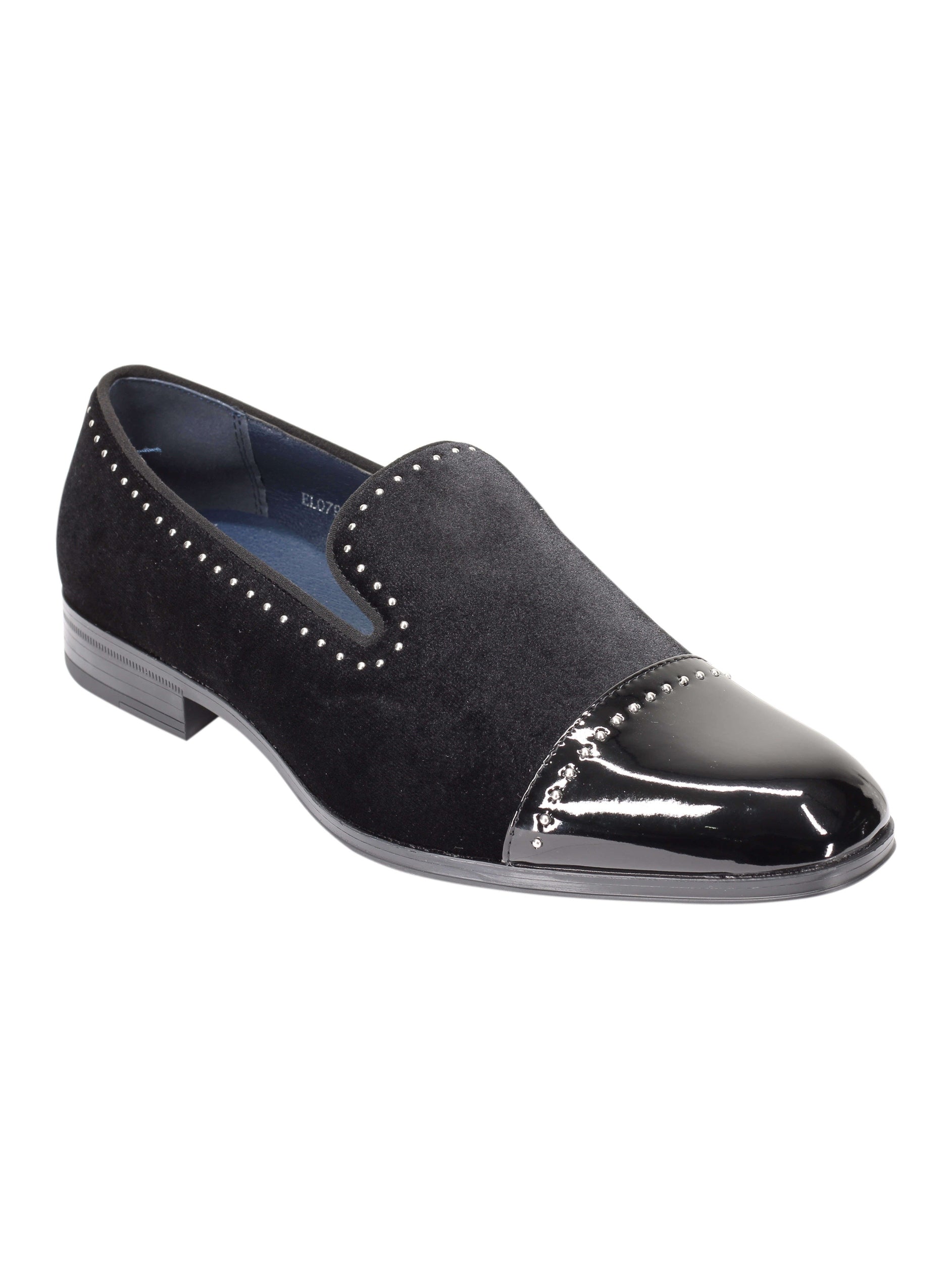 MOCASSINS EN VELOURS À BOUT BRILLANT ET POIS EN MÉTAL ARGENT