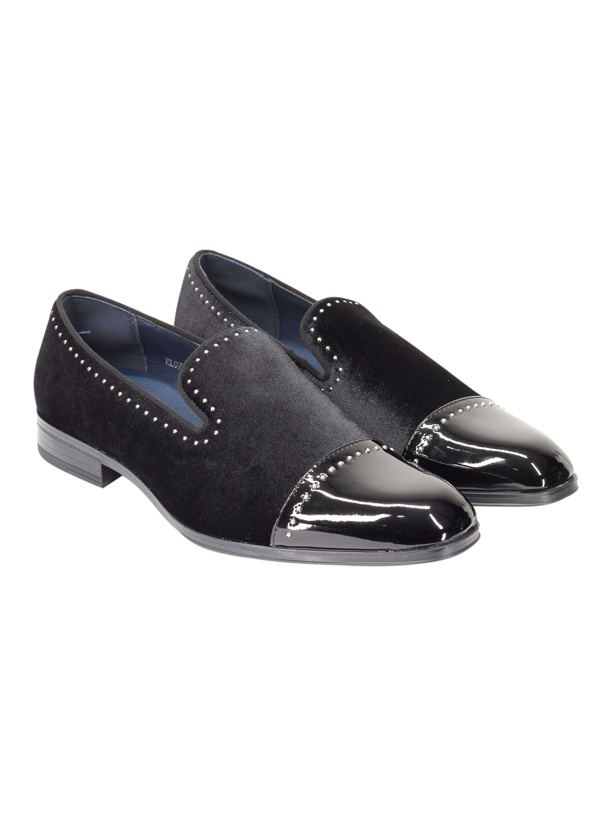 MOCASSINS EN VELOURS À BOUT BRILLANT ET POIS EN MÉTAL ARGENT