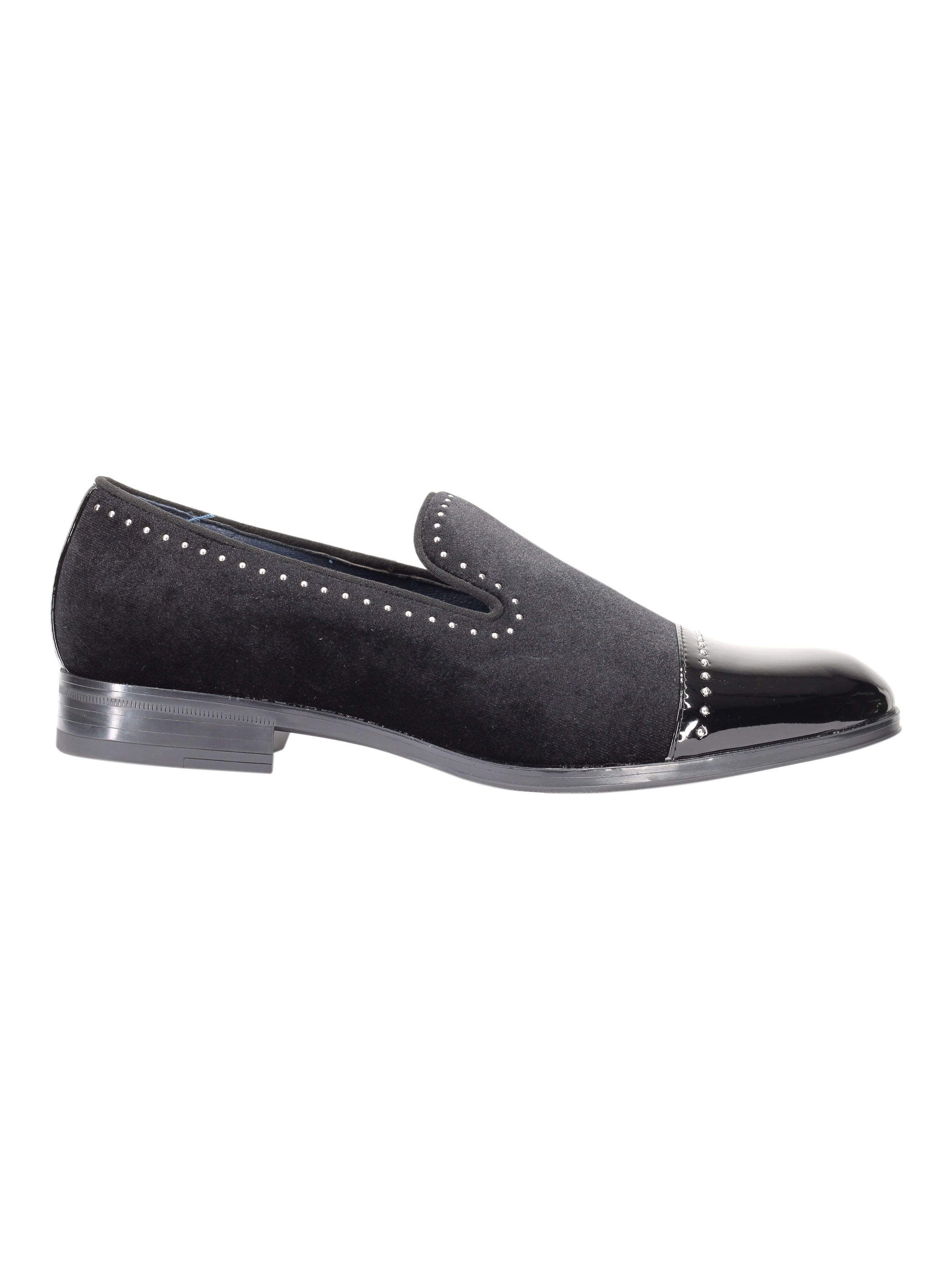 MOCASSINS EN VELOURS À BOUT BRILLANT ET POIS EN MÉTAL ARGENT