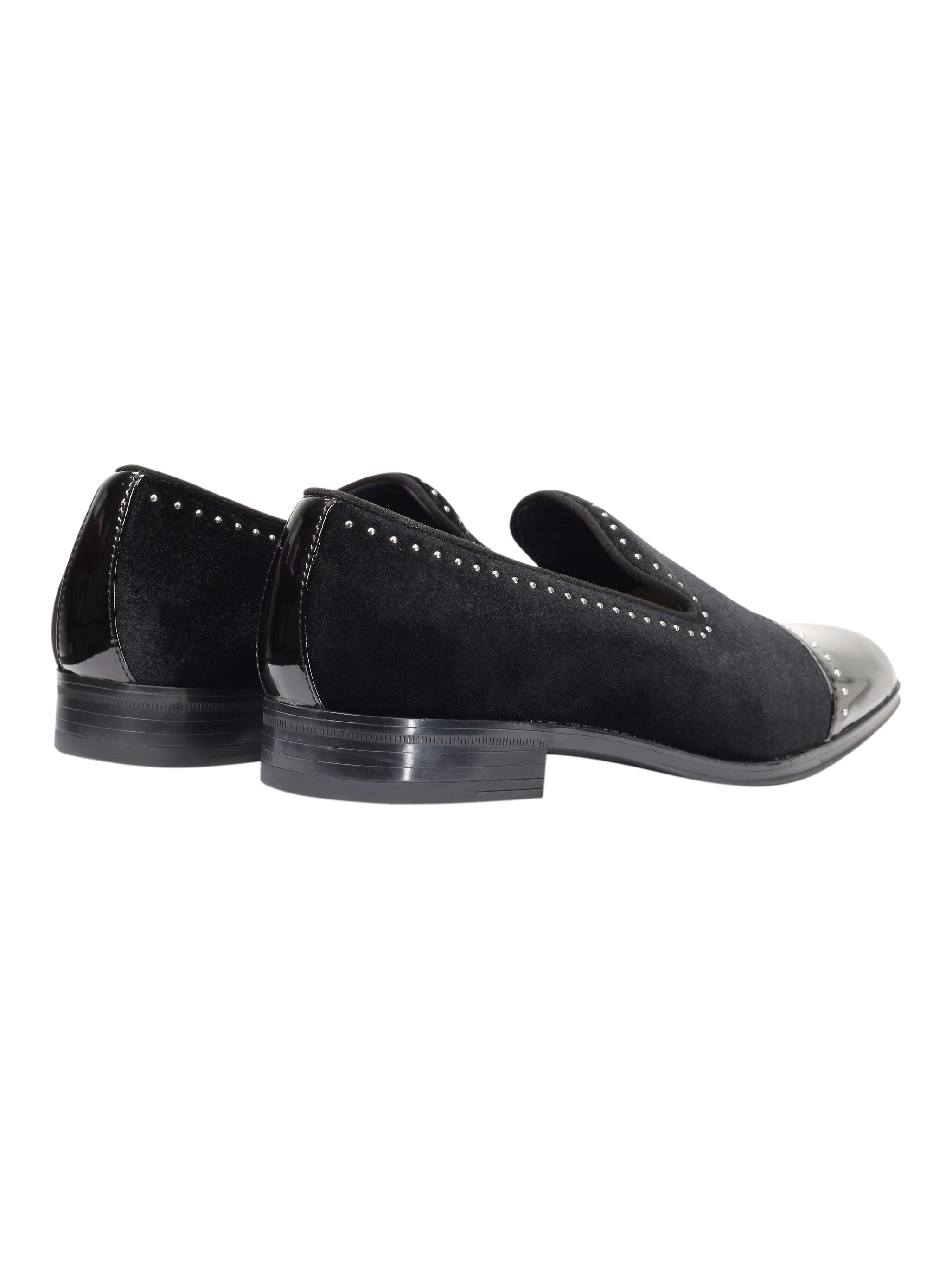 MOCASSINS EN VELOURS À BOUT BRILLANT ET POIS EN MÉTAL ARGENT