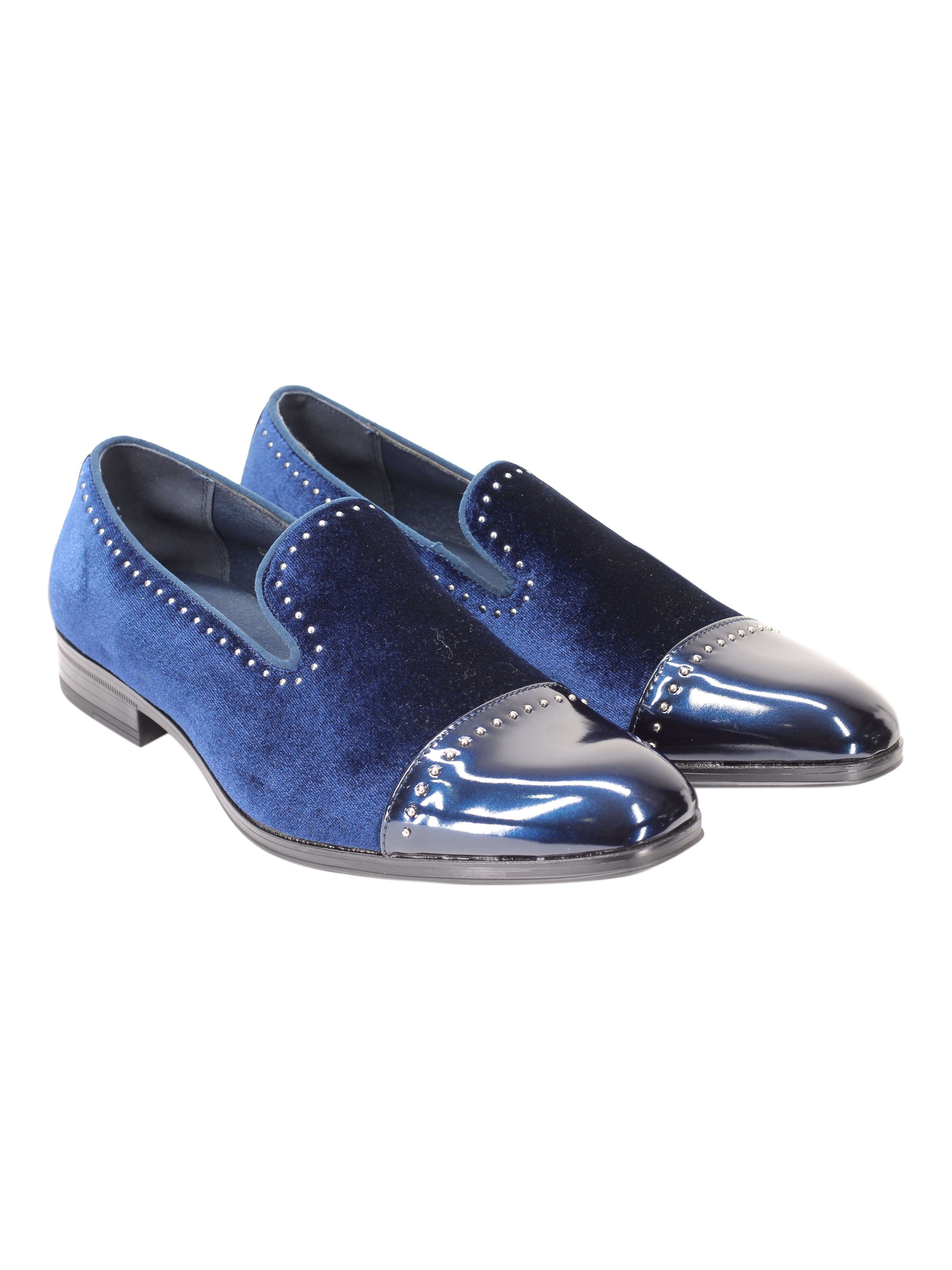 MOCASSINS EN VELOURS À BOUT BRILLANT ET POIS EN MÉTAL ARGENT