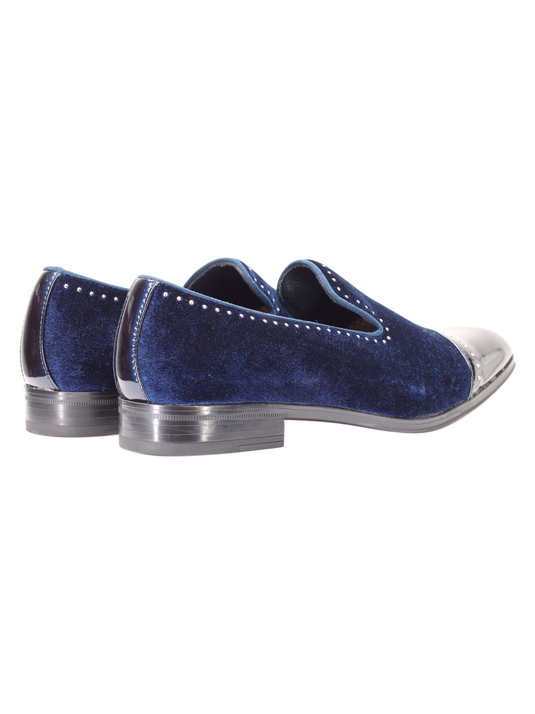 MOCASSINS EN VELOURS À BOUT BRILLANT ET POIS EN MÉTAL ARGENT
