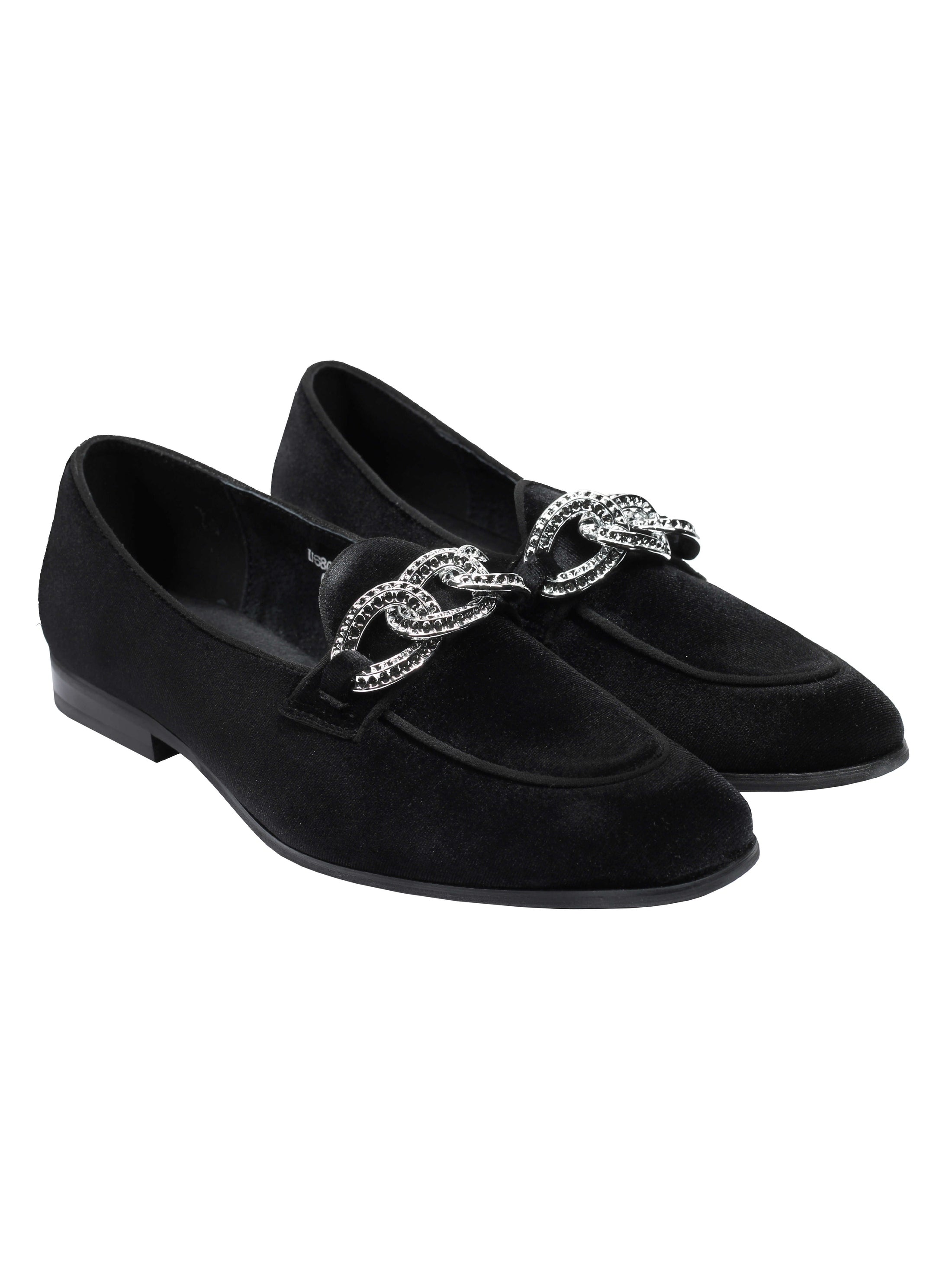 MOCASSINS EN VELOURS NOIR AVEC BOUCLE CHAÎNE DIAMANT