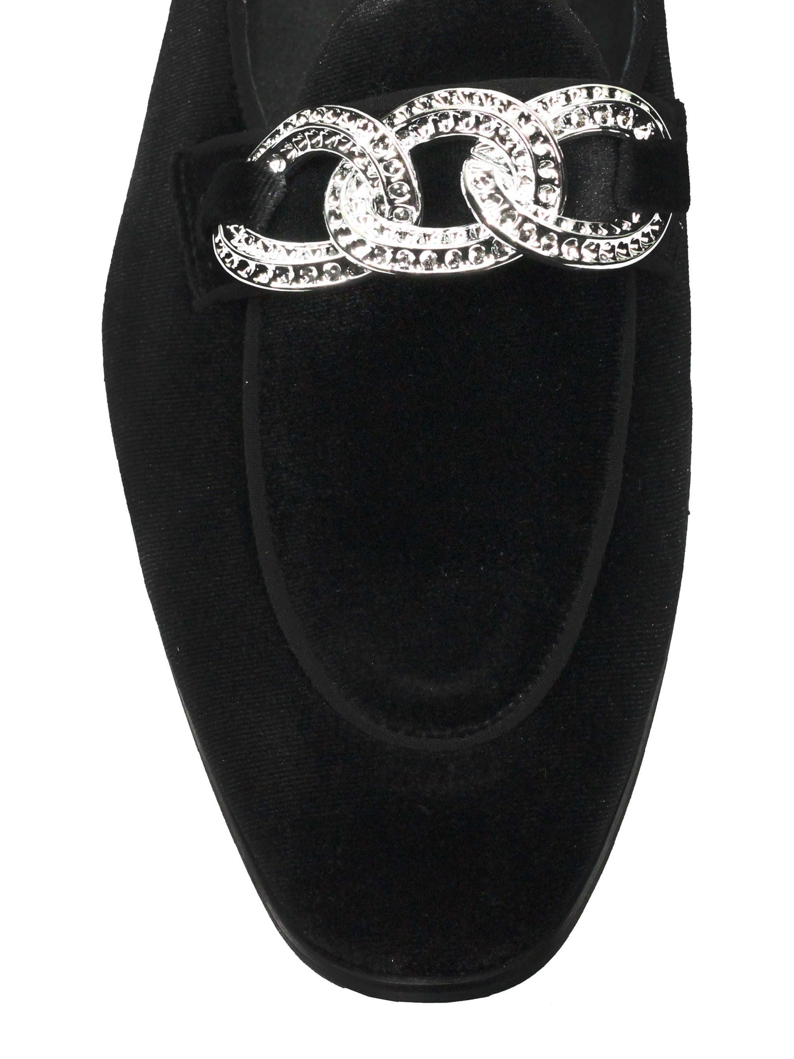 MOCASSINS EN VELOURS NOIR AVEC BOUCLE CHAÎNE DIAMANT