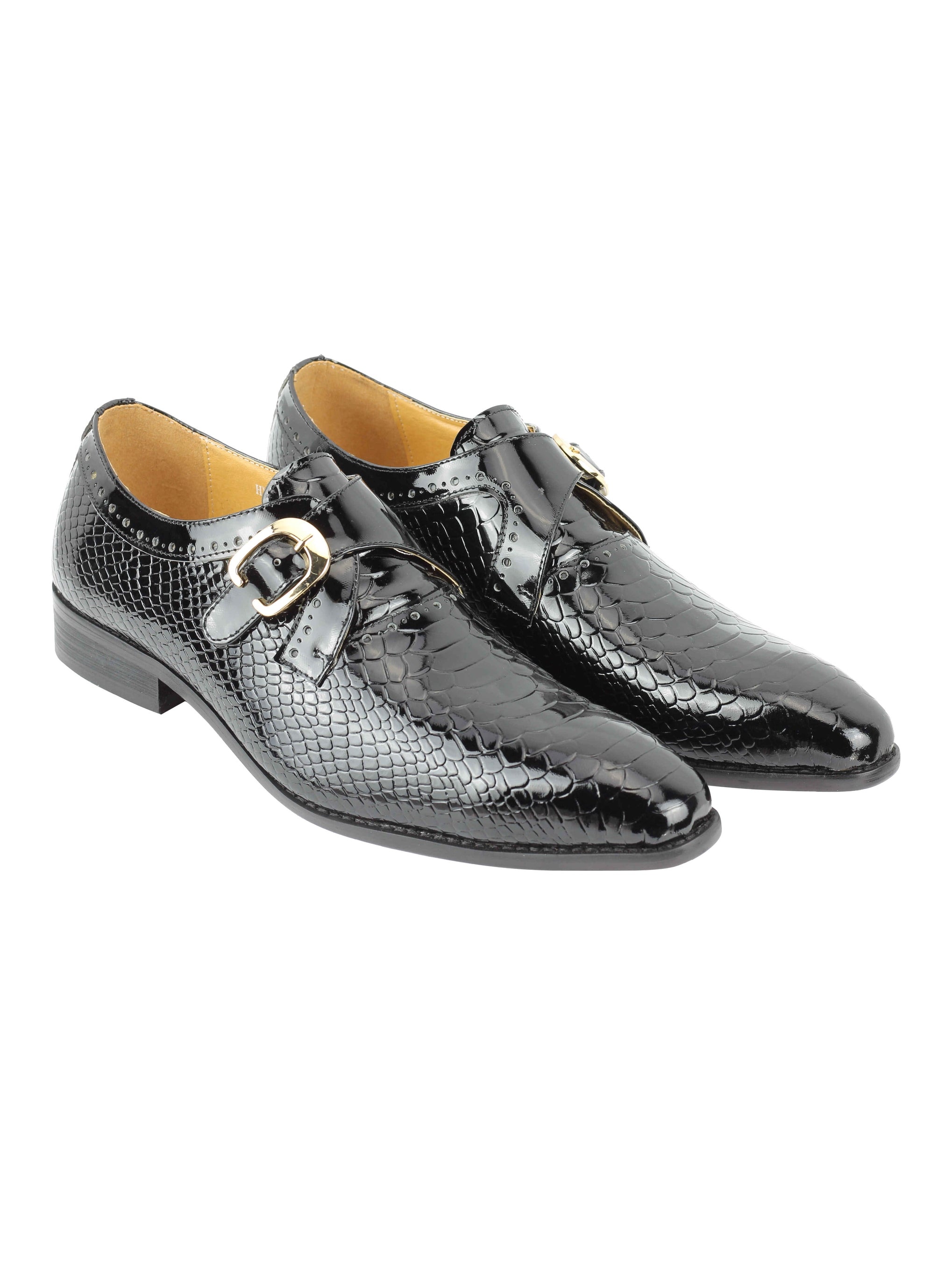 Black Printed Leather Shoes With Monk