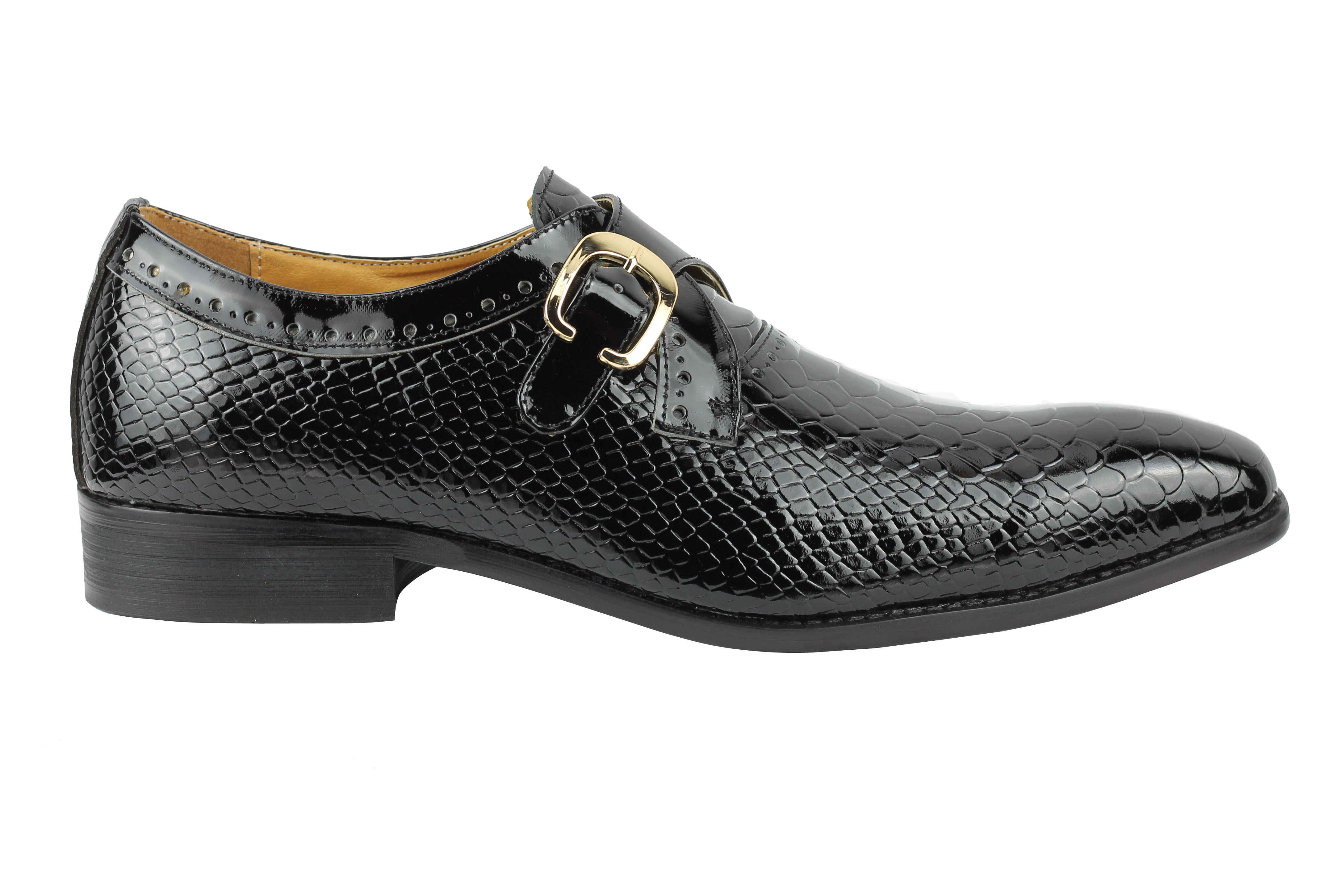 Black Printed Leather Shoes With Monk