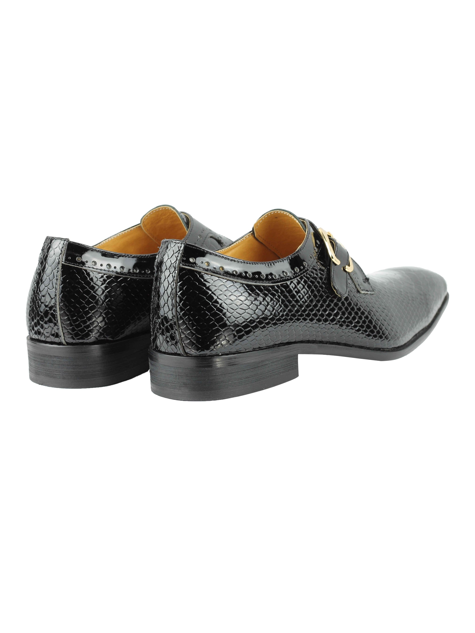 Black Printed Leather Shoes With Monk