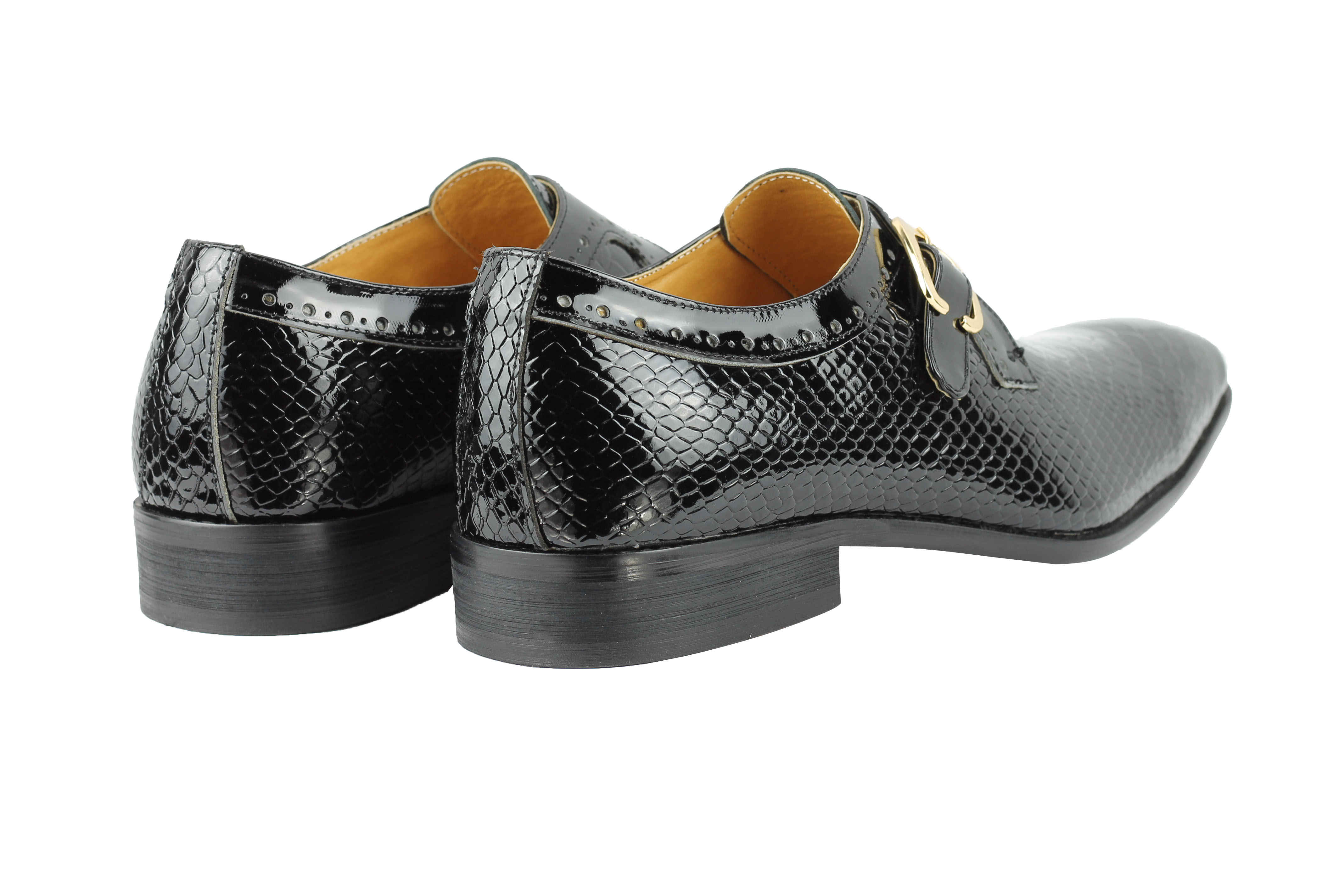 Black Printed Leather Shoes With Monk
