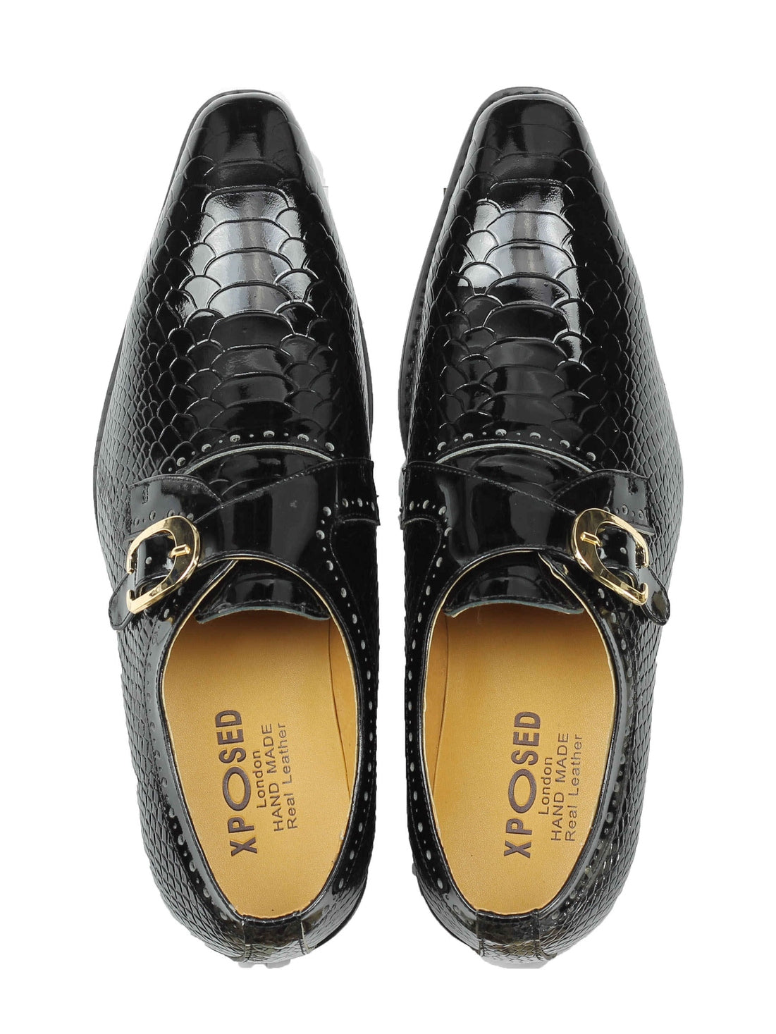 Black Printed Leather Shoes With Monk