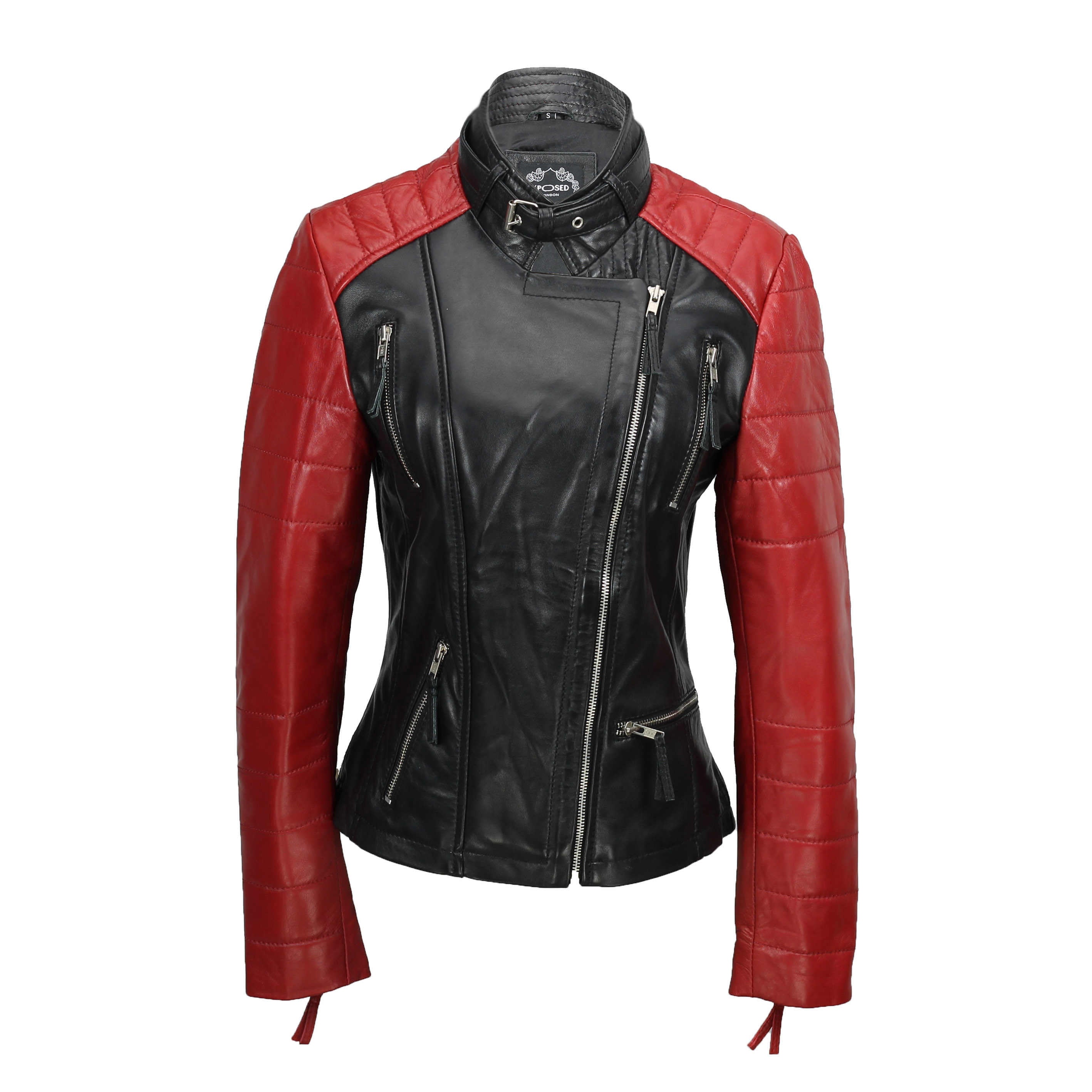Ladies Black Red Vintage Soft Genuine Real Leather Biker Jacket Fitted