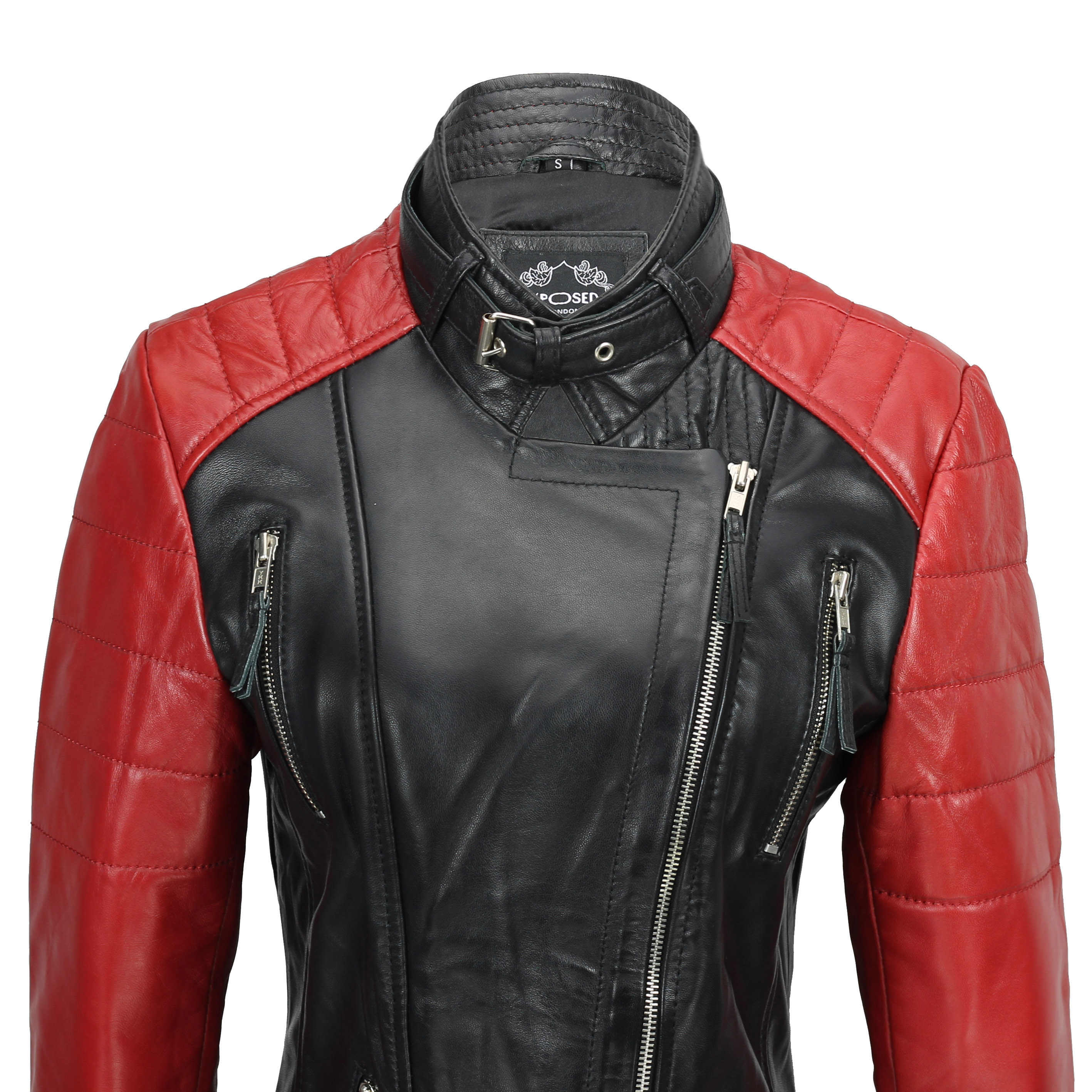 Ladies Black Red Vintage Soft Genuine Real Leather Biker Jacket Fitted